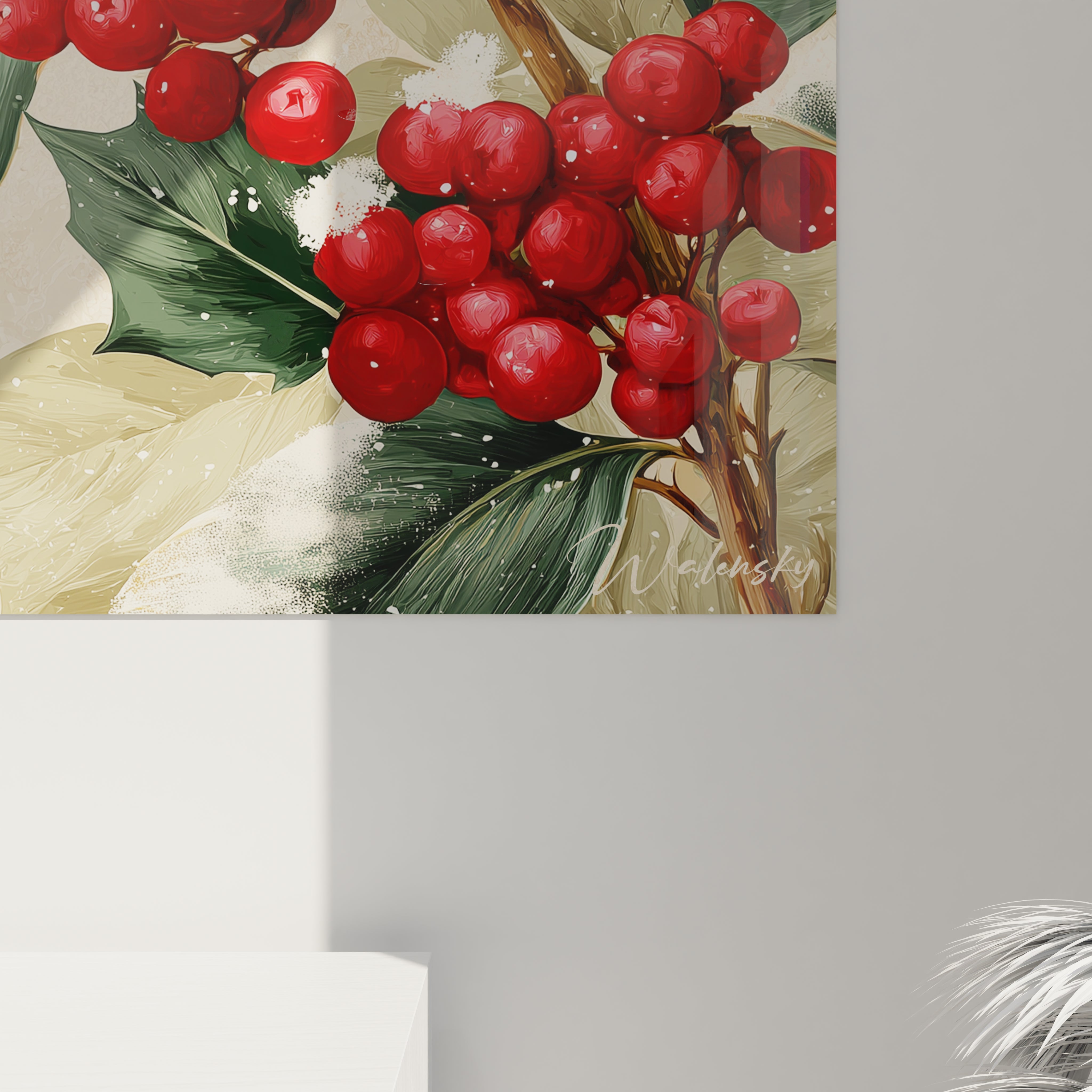 Tableau mural représentant des baies rouges Noël sur fond vert, signé Walensky