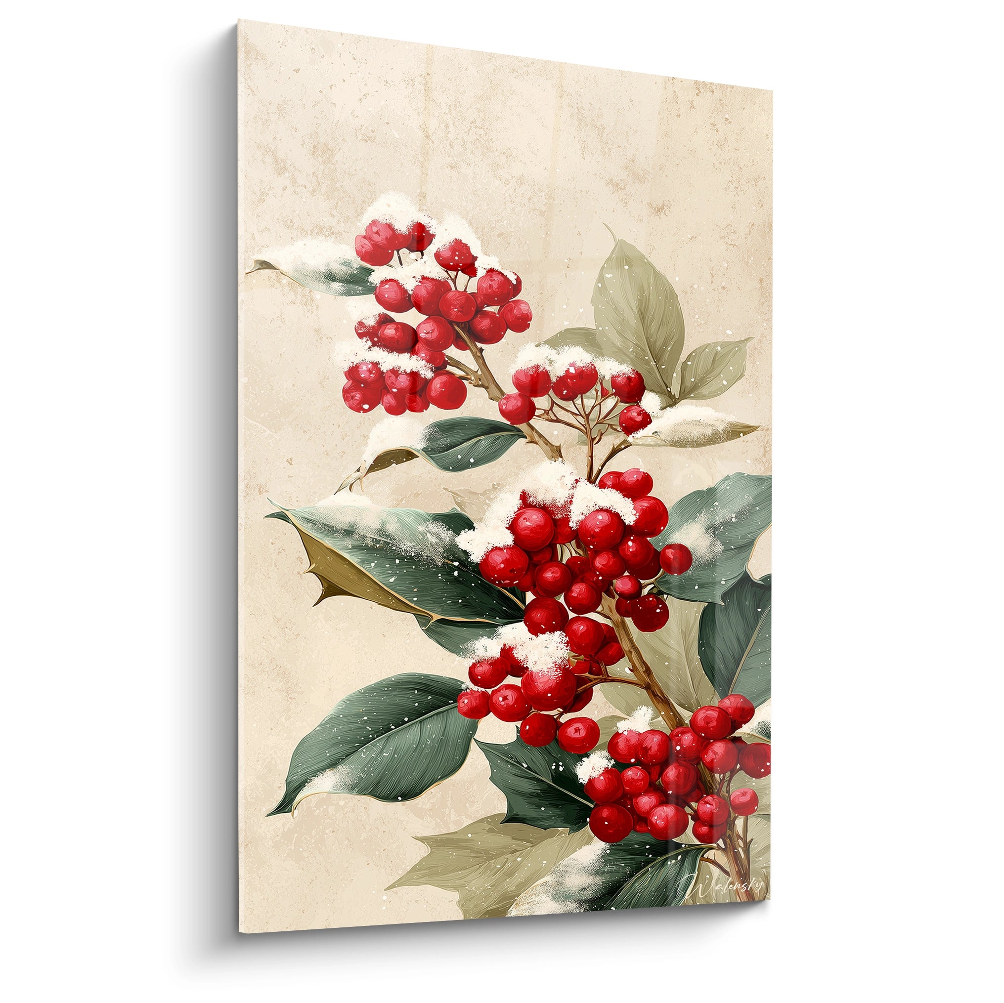 Tableau baies rouges Noël avec des feuilles vertes et une touche de neige décorative