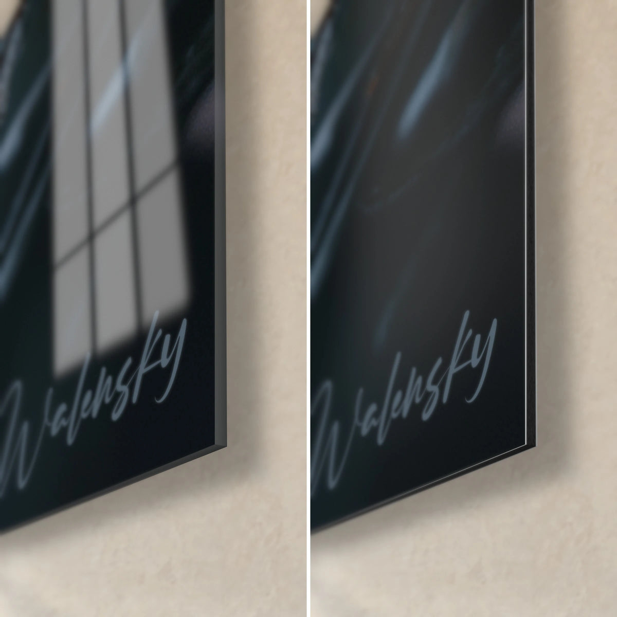 Wall art of purple berries under frost, bottom right corner: glossy acrylic glass on the left, matte Dibond aluminium on the right, 3 mm edge