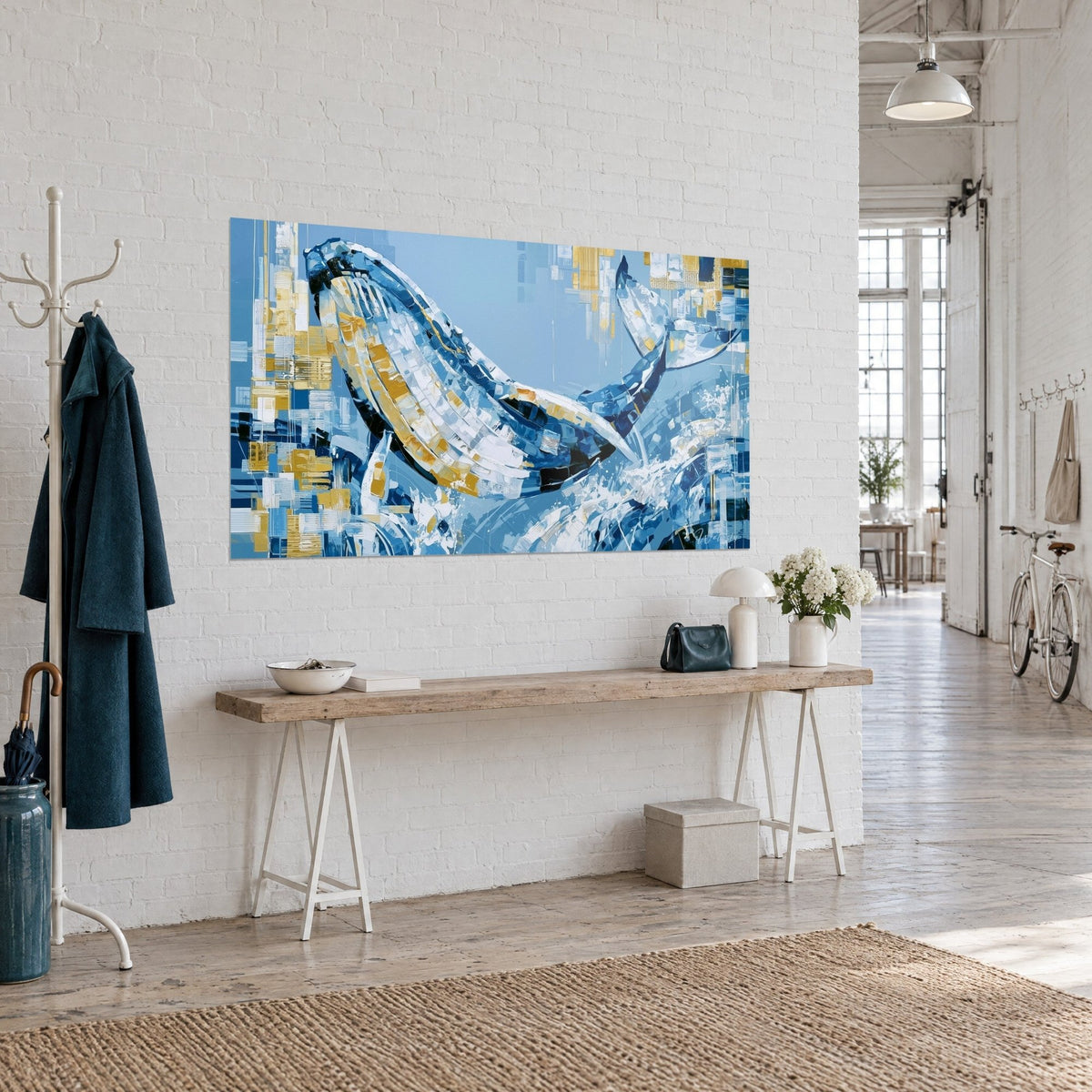 Gemälde riesiger Wal aus marineblauen und goldenen Fragmenten, aufgerichtete Schwanzflosse, weiße Spritzer, an einer weißen Ziegelwand eines Lofts