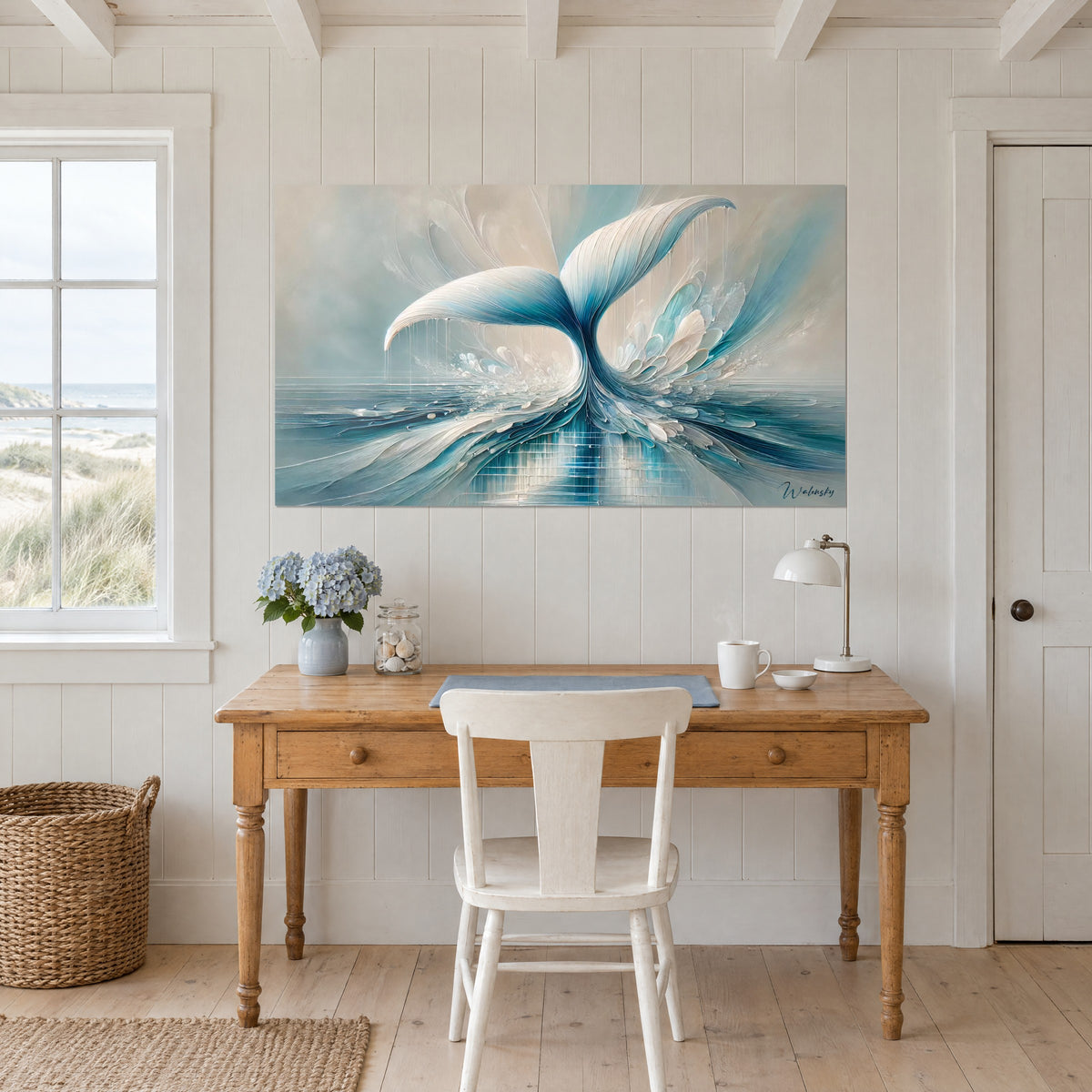 Wall art abstract whale dive in turquoise and pearly white, raised line, hung above a wooden desk