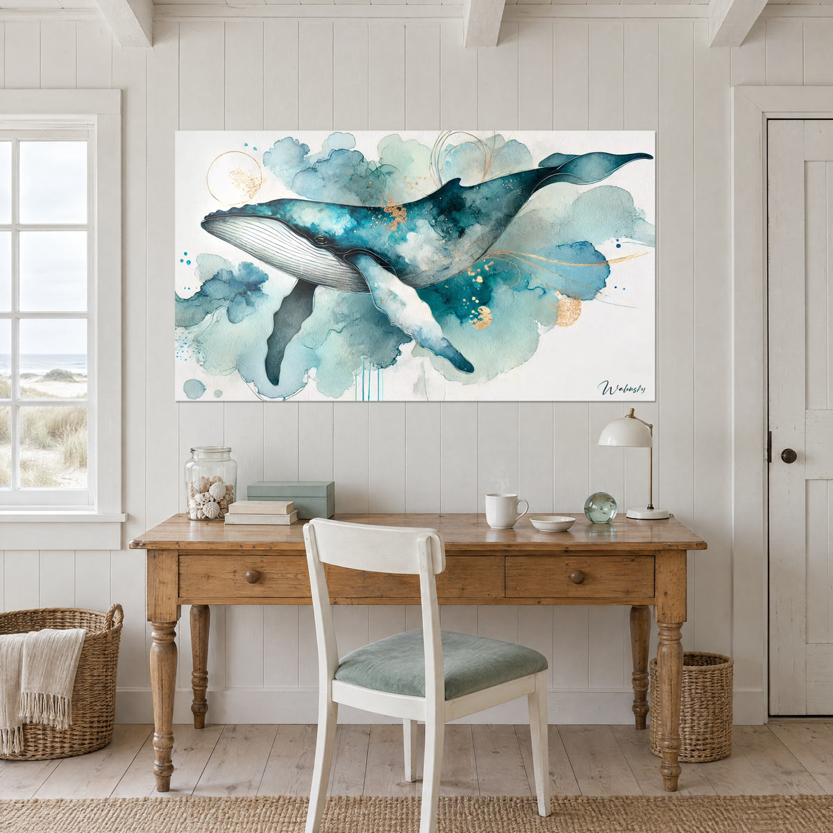 Gemälde Meeressäuger in Aquarell, Blaugrün und Wassergrün, weiße Wand über einem Schreibtisch aus hellem Holz