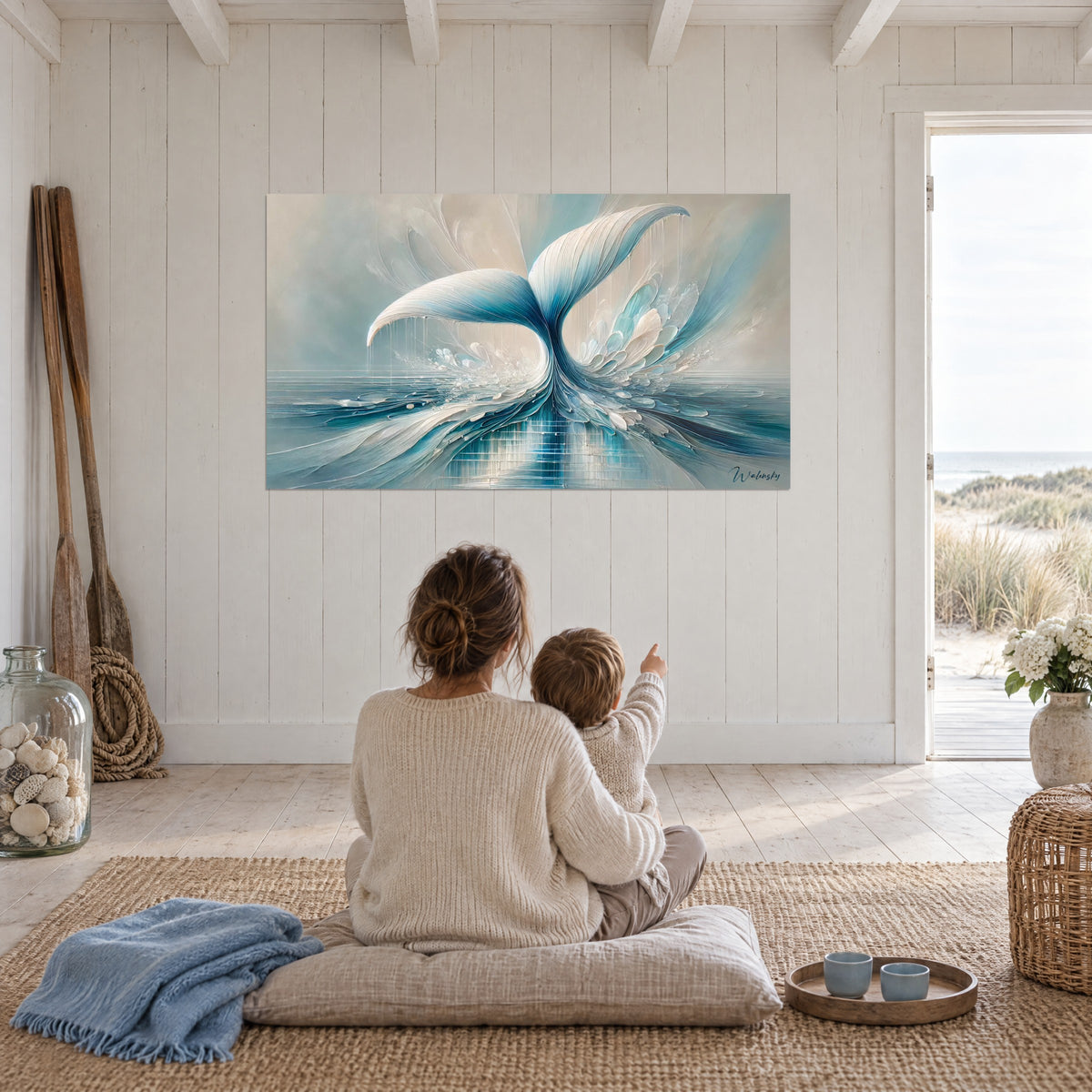 Wall art ocean giant with azure blue and light beige waves, shimmering wake, mother and child sitting facing the white wall