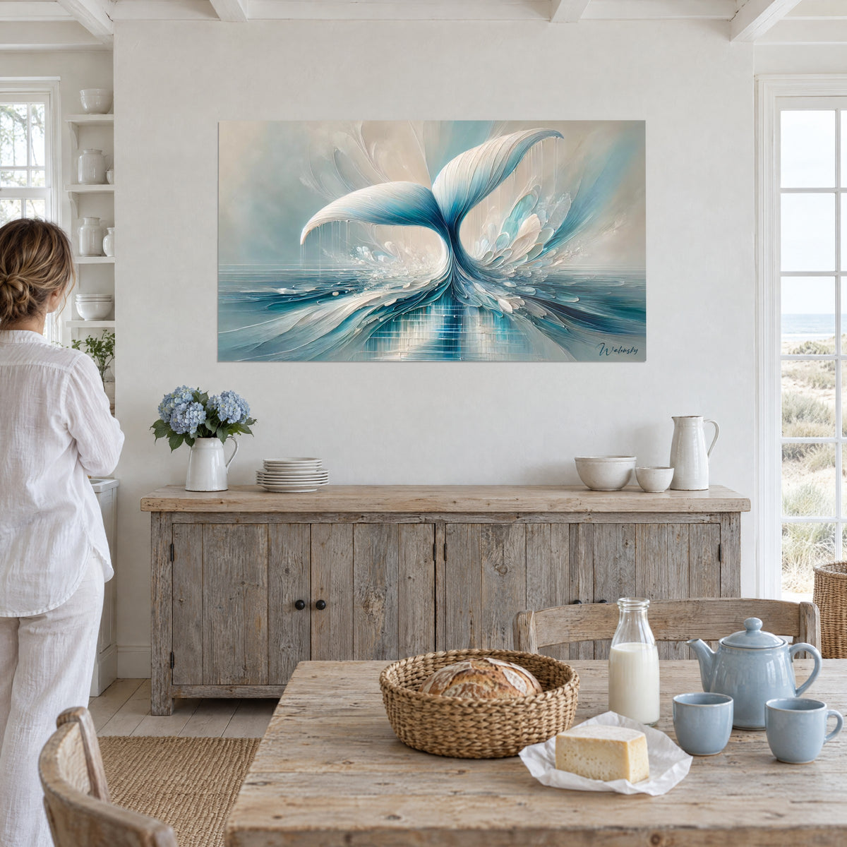 Wall art spiral whale tail in sky blue and sand, vertical reflections on the water, mother and child seen from behind on the floor