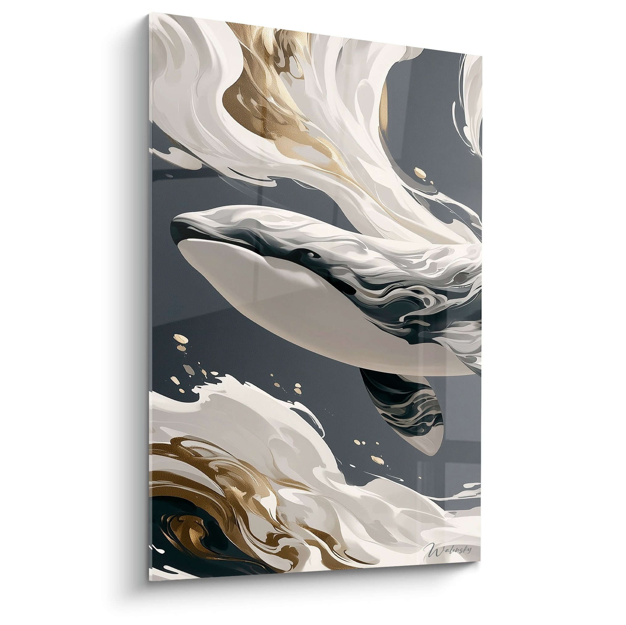 Baleine anthracite et blanche aux volutes marbrées, reflets dorés et texture liquide sur fond sombre