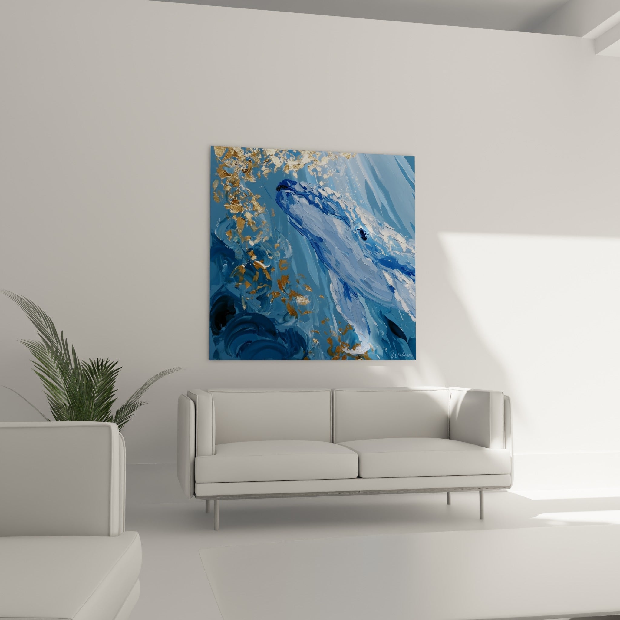 Mammifère marin bleu pastel et anthracite en remontée dorée, au-dessus d'un canapé dans un salon lumineux