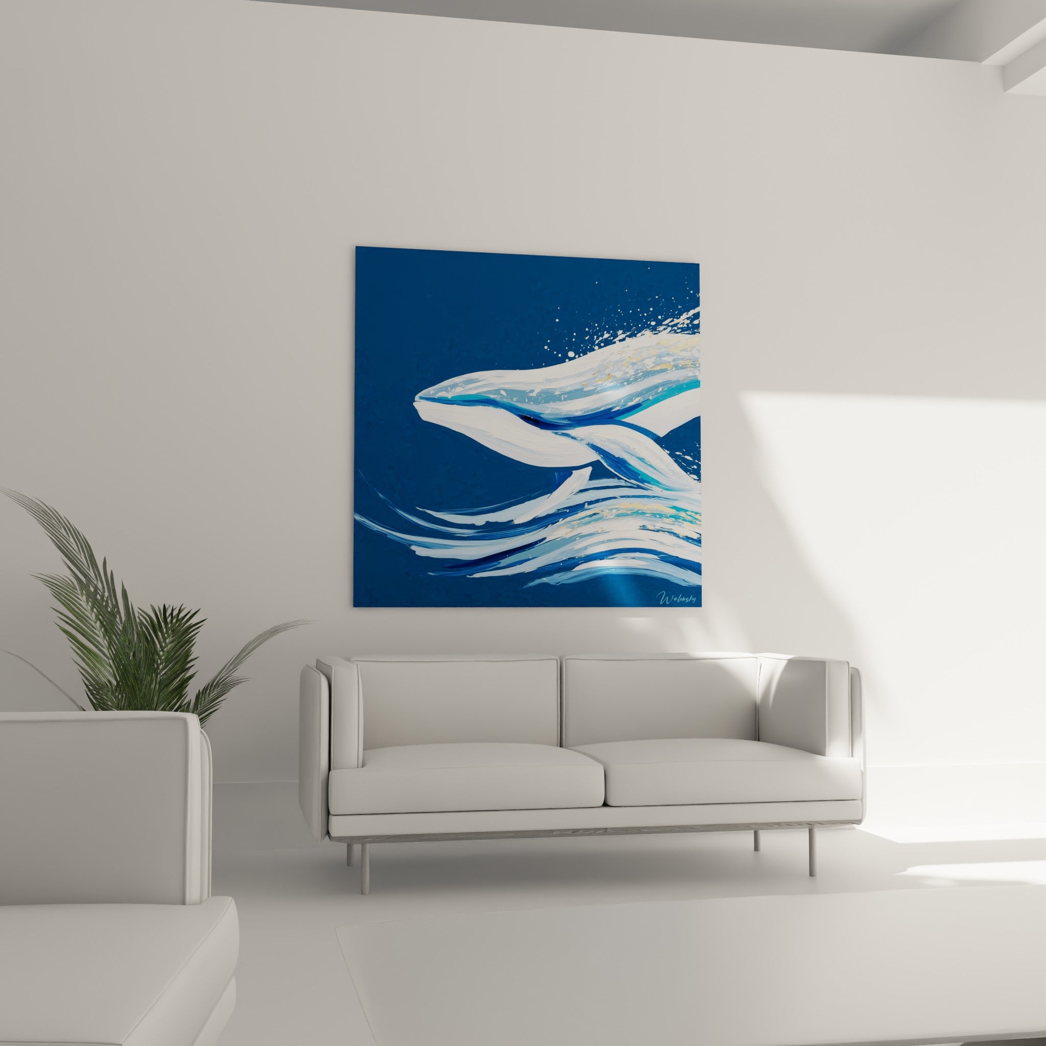 Baleine anthracite et blanche surgissant des vagues au-dessus d'un canapé dans un salon lumineux