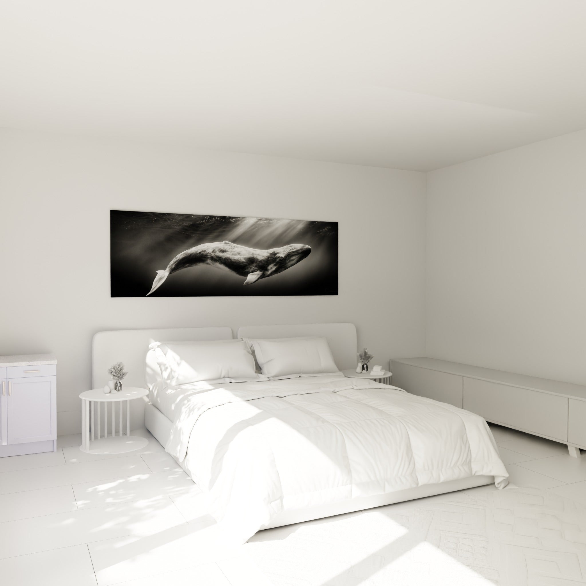 Cétacé anthracite et blanc en pleine nage, au-dessus d'un lit dans une chambre claire