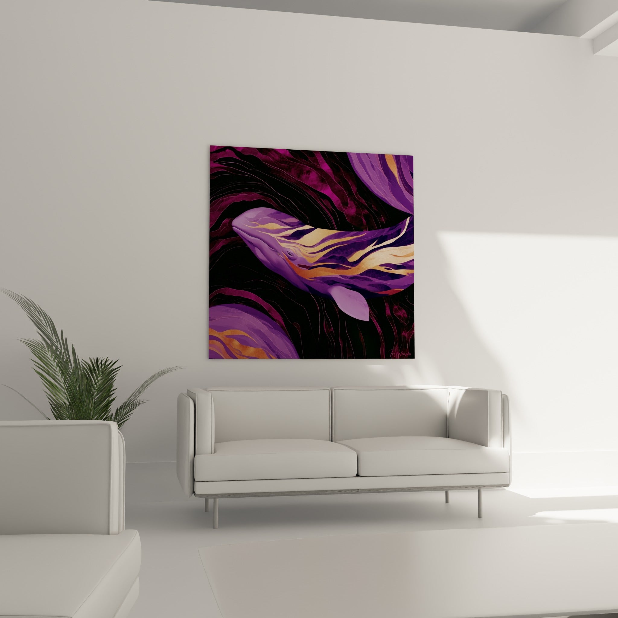 Créature marine violette traversée de filaments dorés au-dessus d'un canapé dans un salon lumineux