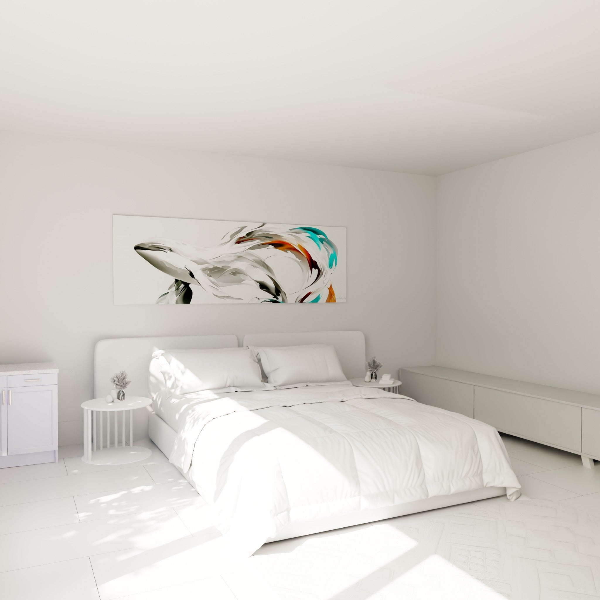 Silhouette de baleine anthracite et turquoise accrochée au-dessus d'un lit dans une chambre claire