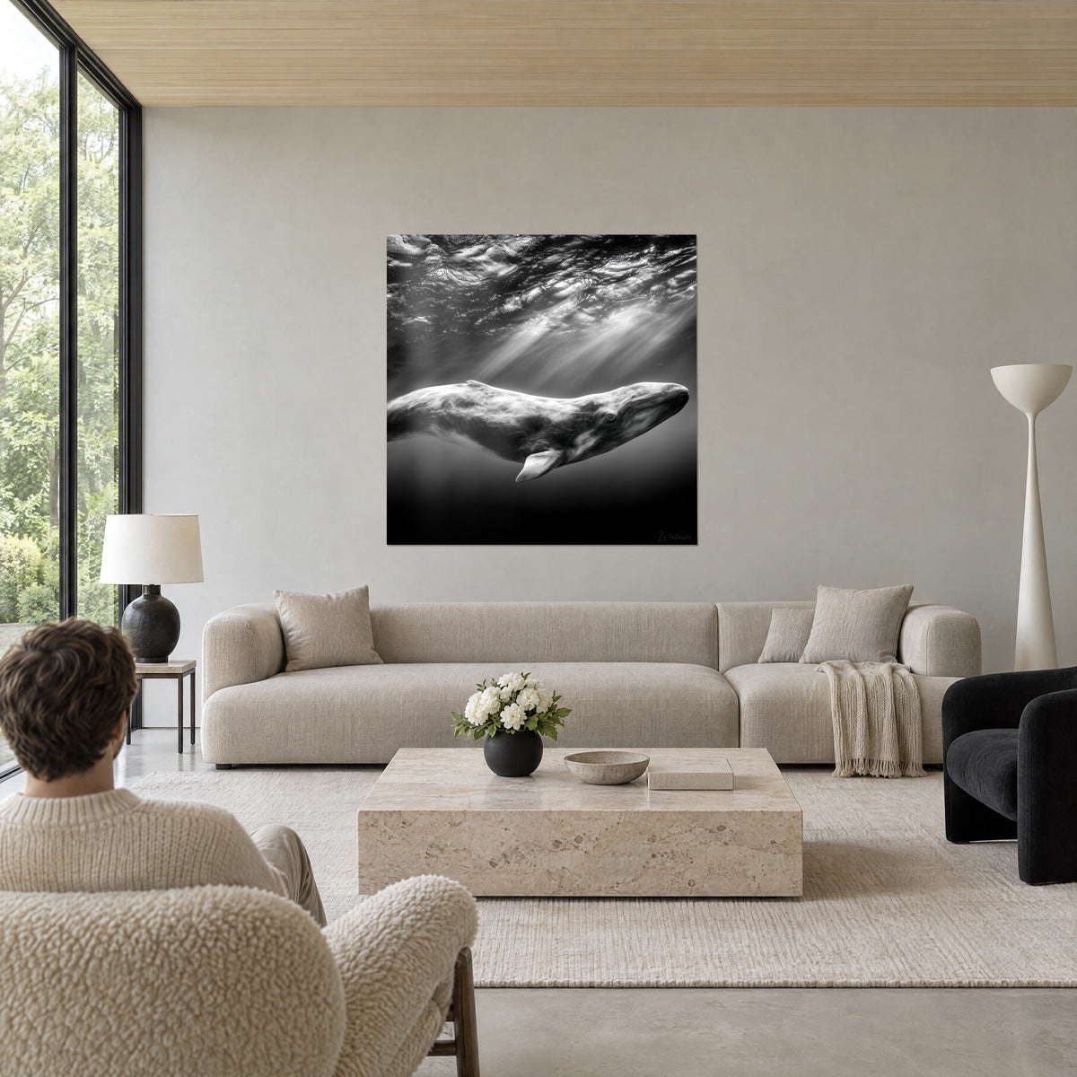 Cuadro de una ballena gris deslizándose bajo rayos de luz plateados, en blanco y negro, encima de un sofá en un salón luminoso