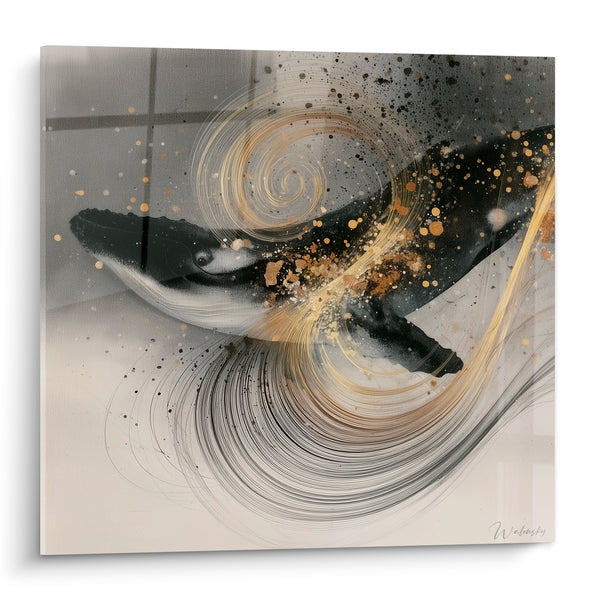 Anthracite and Gold Whale Painting Swirl of Lines - Marine Vortex - Whale Edition