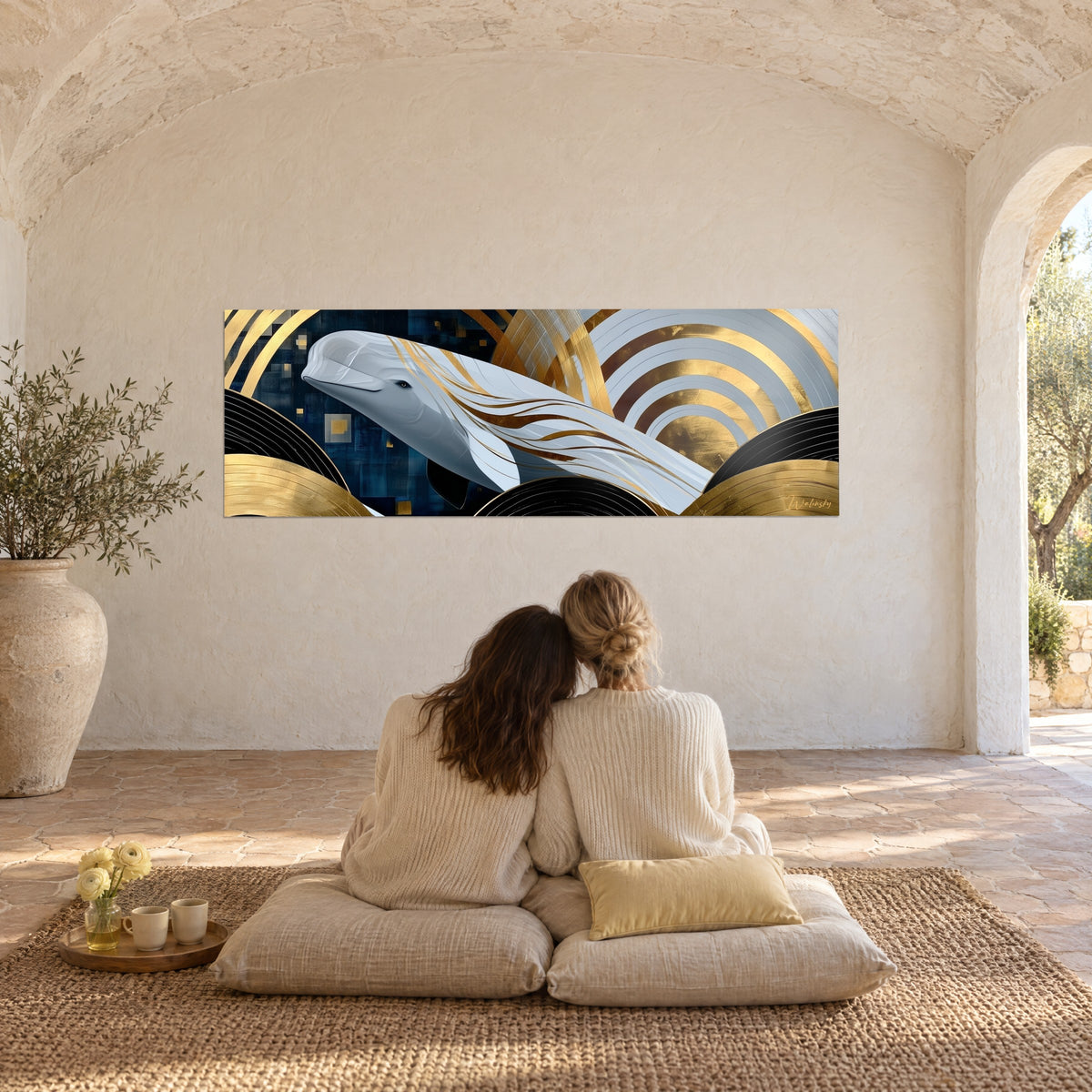 Tableau baleine nacrée entourée d'arcs dorés et noirs, bleu nuit au fond, mur voûté, deux femmes assises de dos