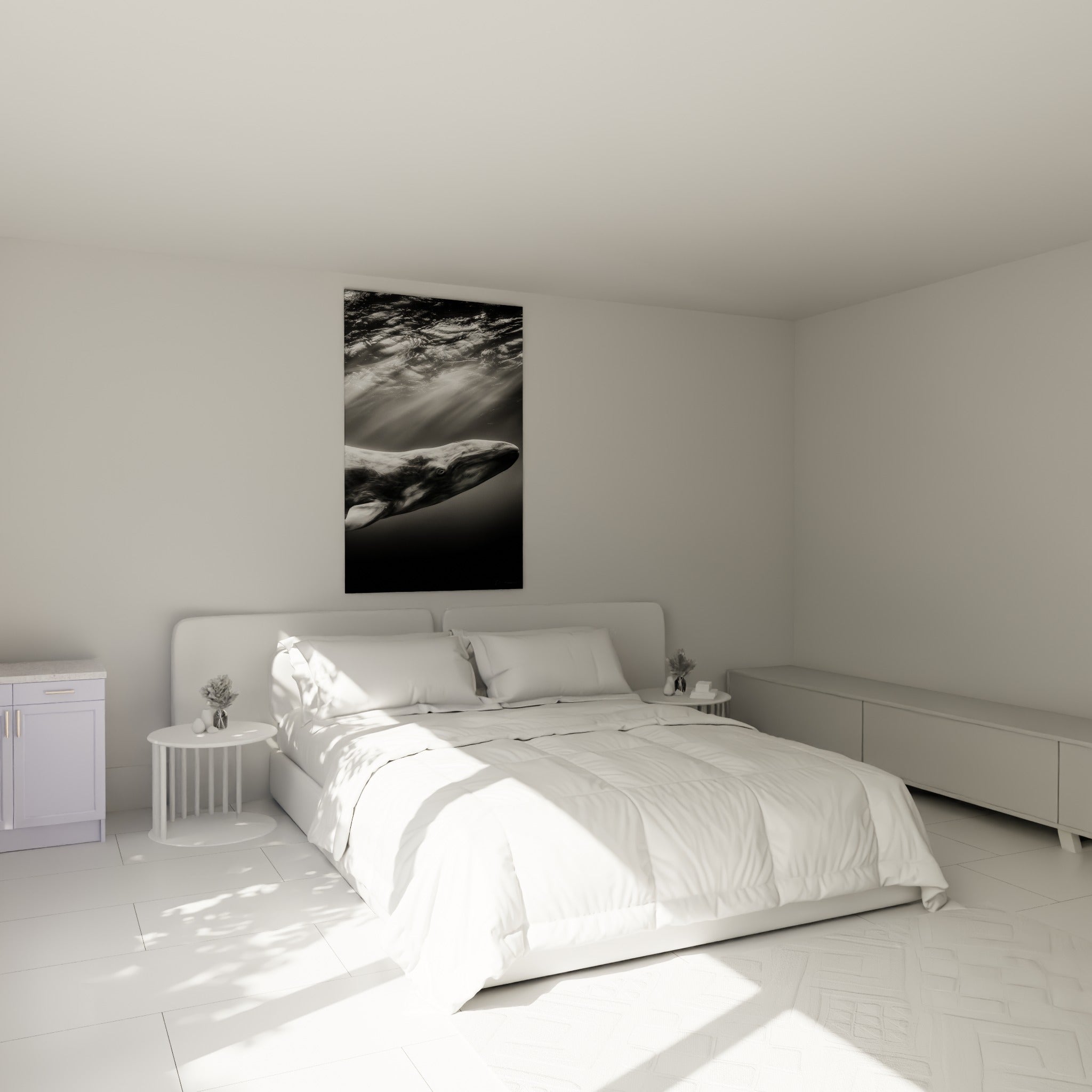 Cétacé aux tons gris et blancs perçant l'eau, accroché au-dessus d'un lit dans une chambre claire