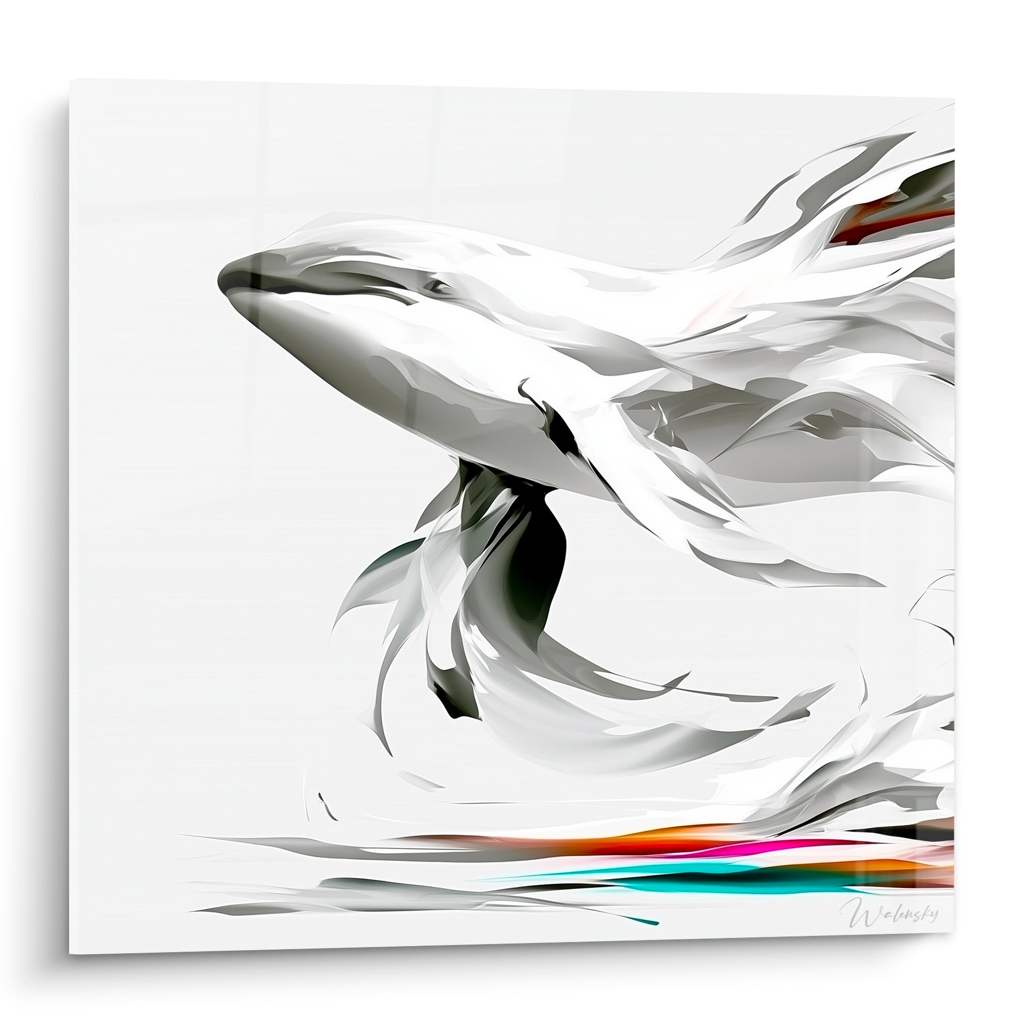 Baleine blanche et anthracite en mouvement fluide, touches turquoise et orangées en partie basse