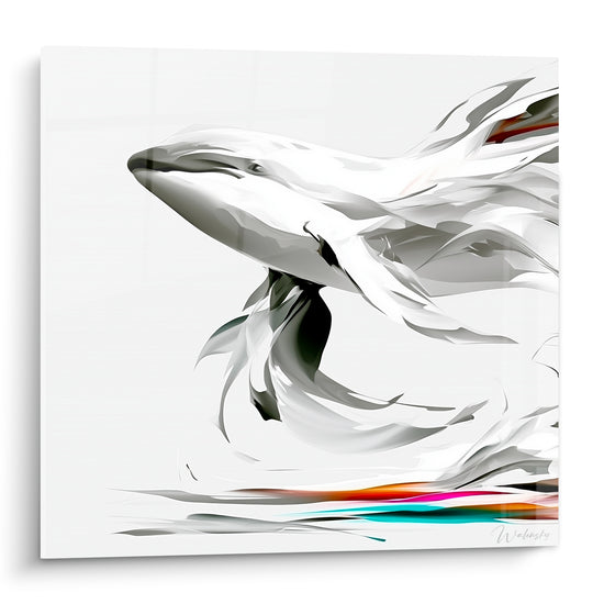 Baleine blanche et anthracite en mouvement fluide, touches turquoise et orangées en partie basse