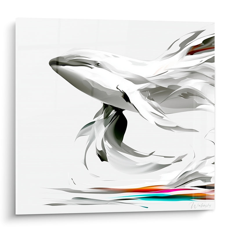 Tableau Baleine blanc anthracite touches turquoise orangées - Souffle marin suspendu - Edition Baleine