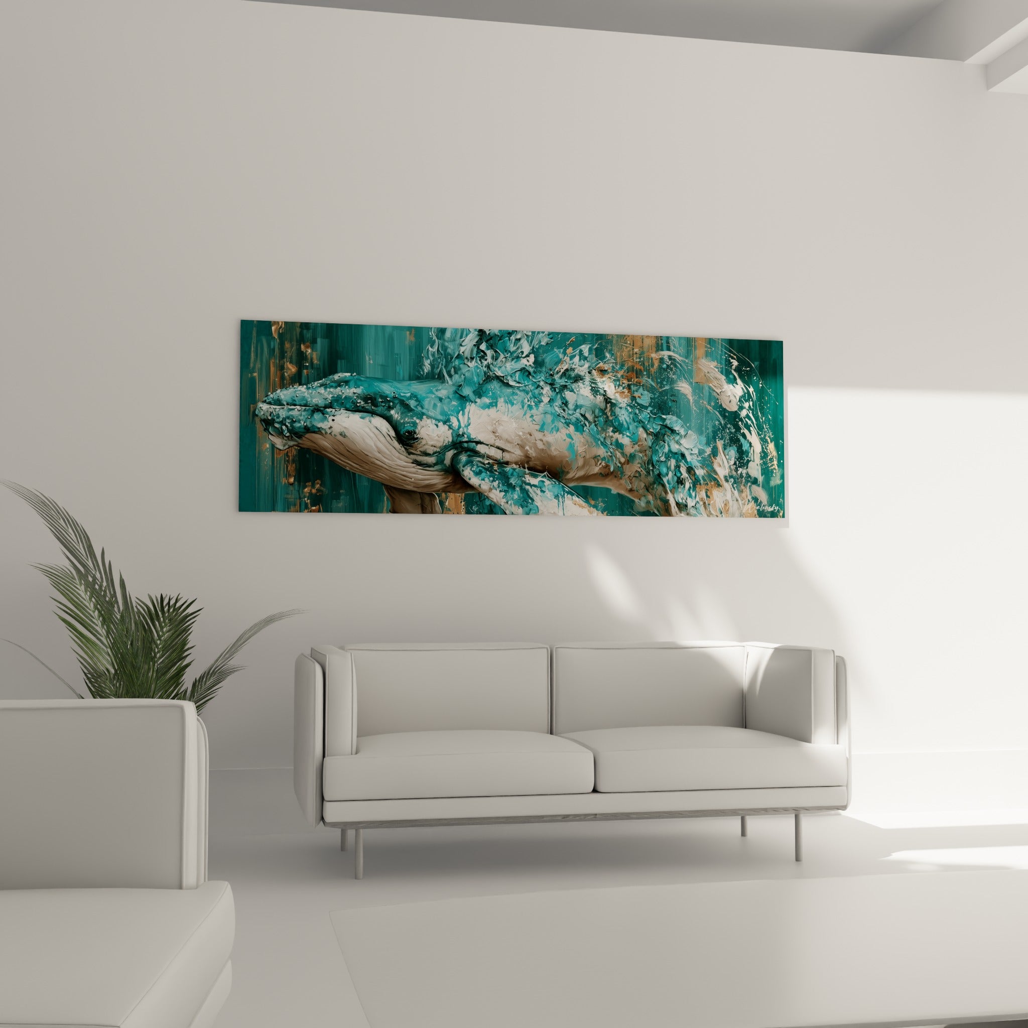 Géant marin blanc et bleu sarcelle traversé de coulées dorées, au-dessus d'un canapé dans un salon lumineux