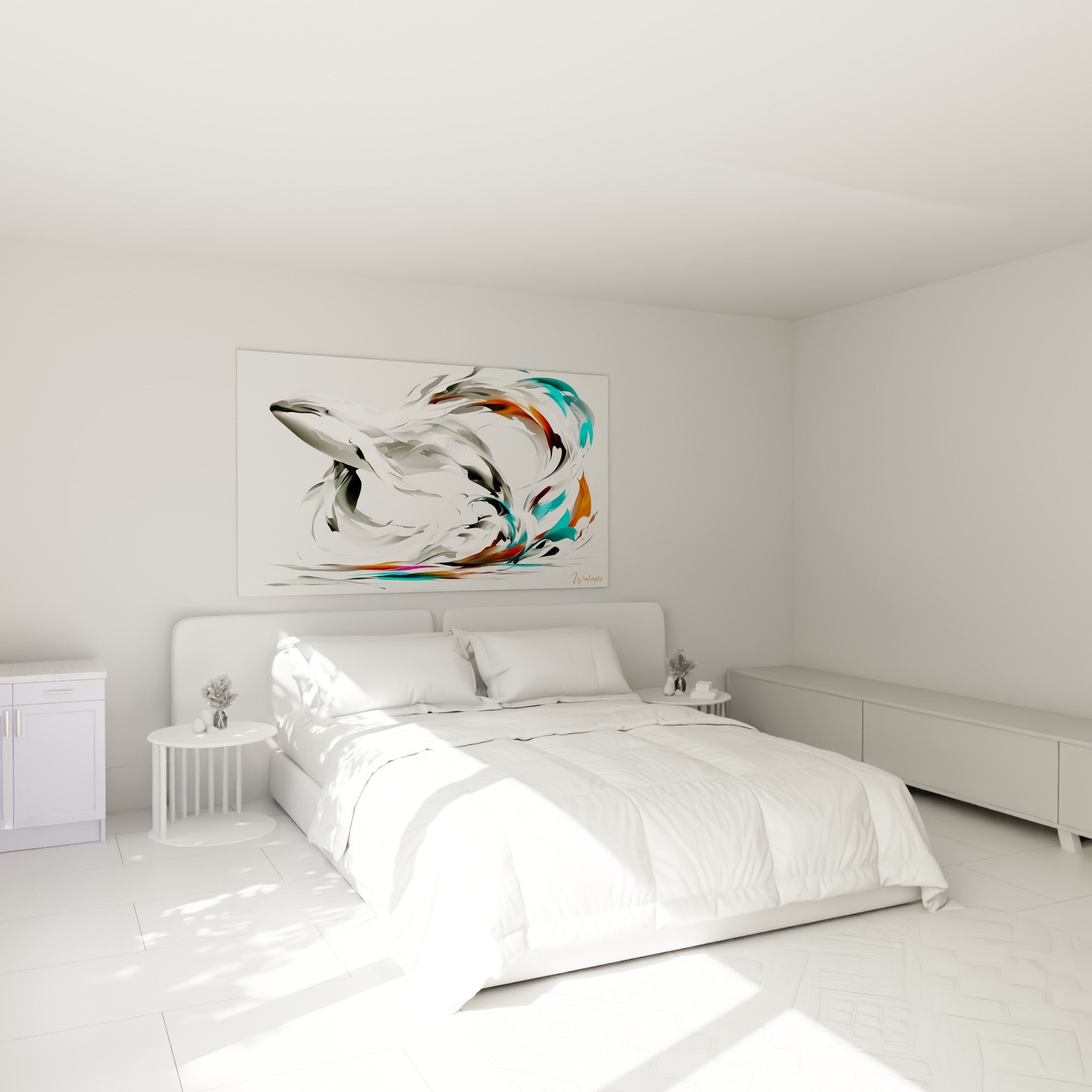 Silhouette de baleine grise et turquoise en spirale, accrochée au-dessus d'un lit dans une chambre claire
