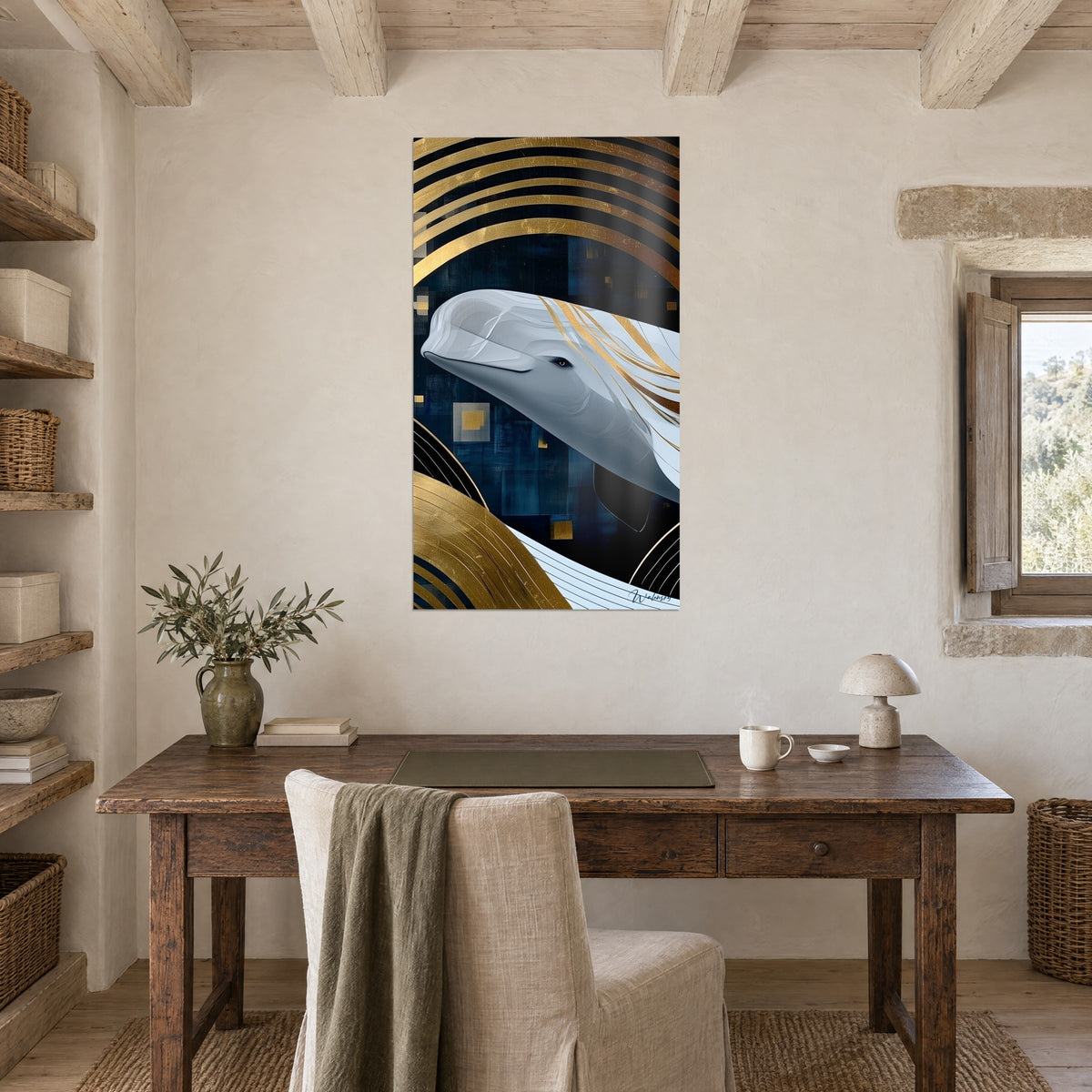 Tableau baleine aux reflets argentés et courbes dorées sur bleu profond, au mur d'un bureau en bois rustique