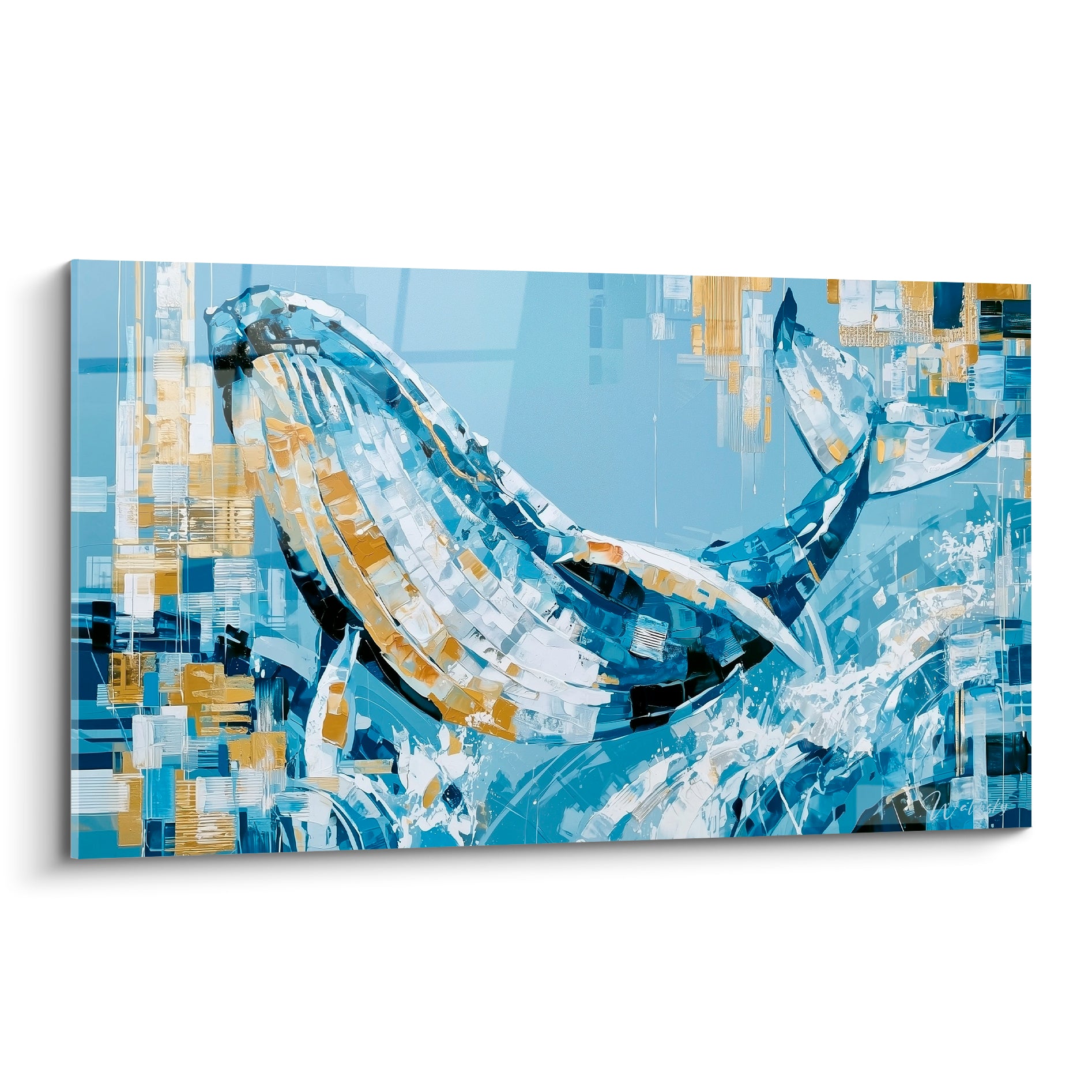 Baleine bondissant en fragments bleu ardoise et dorés, écume blanche éclaboussant la toile abstraite