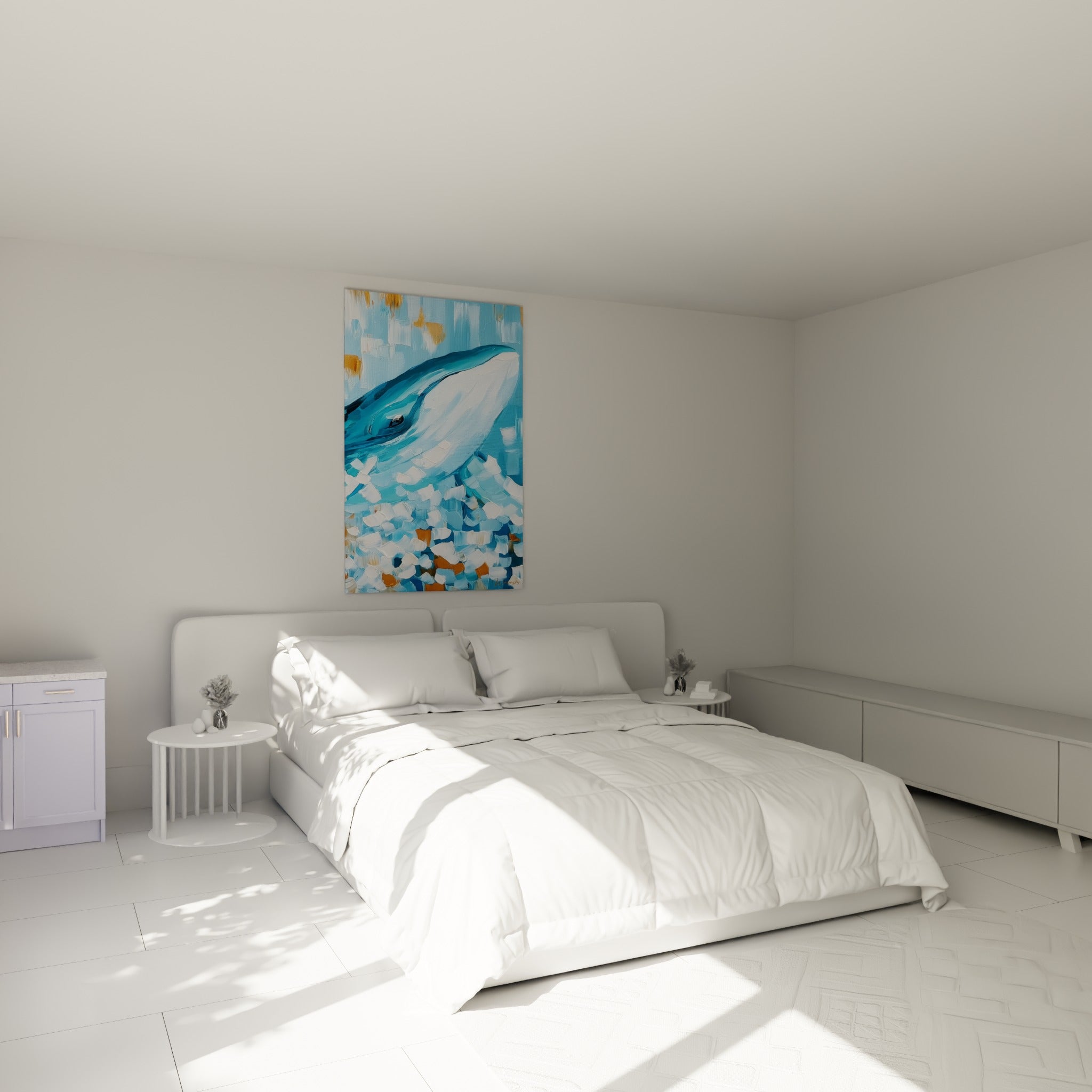 Baleine bleue au regard perçant surgissant de l'écume dorée, au-dessus d'un lit dans une chambre claire