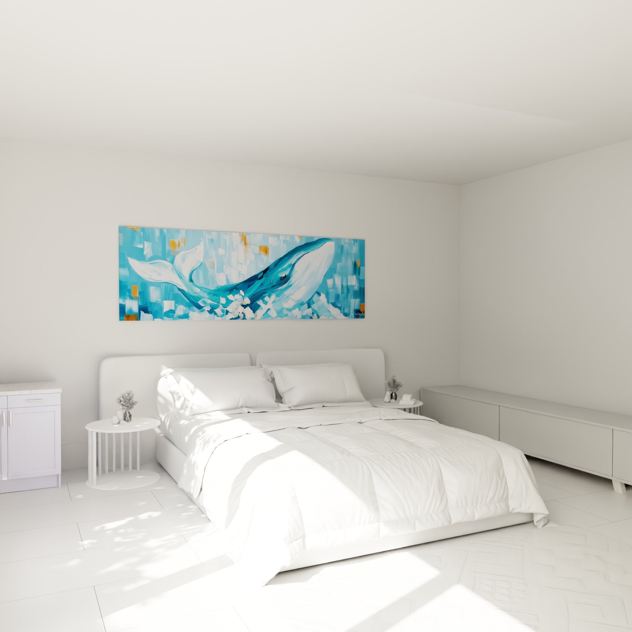 Baleine bleu turquoise glissant dans l'écume blanche, au-dessus d'un lit dans une chambre claire