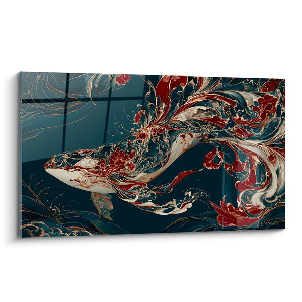 Cuadro Ballena azul marino y rojo burdeos ornamental - Leyenda de las profundidades - Edición Ballena