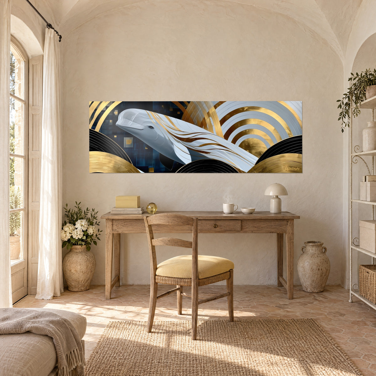 Tableau béluga argenté sur vagues d'or et mosaïque marine bleu profond, bureau en bois clair, chaise à coussin jaune