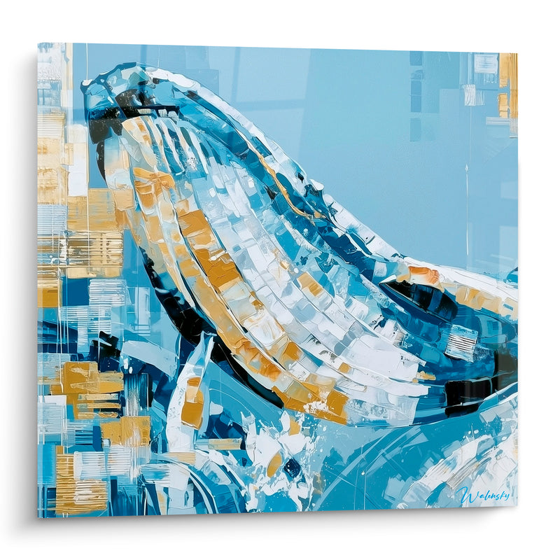 Tableau Baleine bleu poudré et ocre mosaïque géométrique - Motifs en damier - Edition Baleine