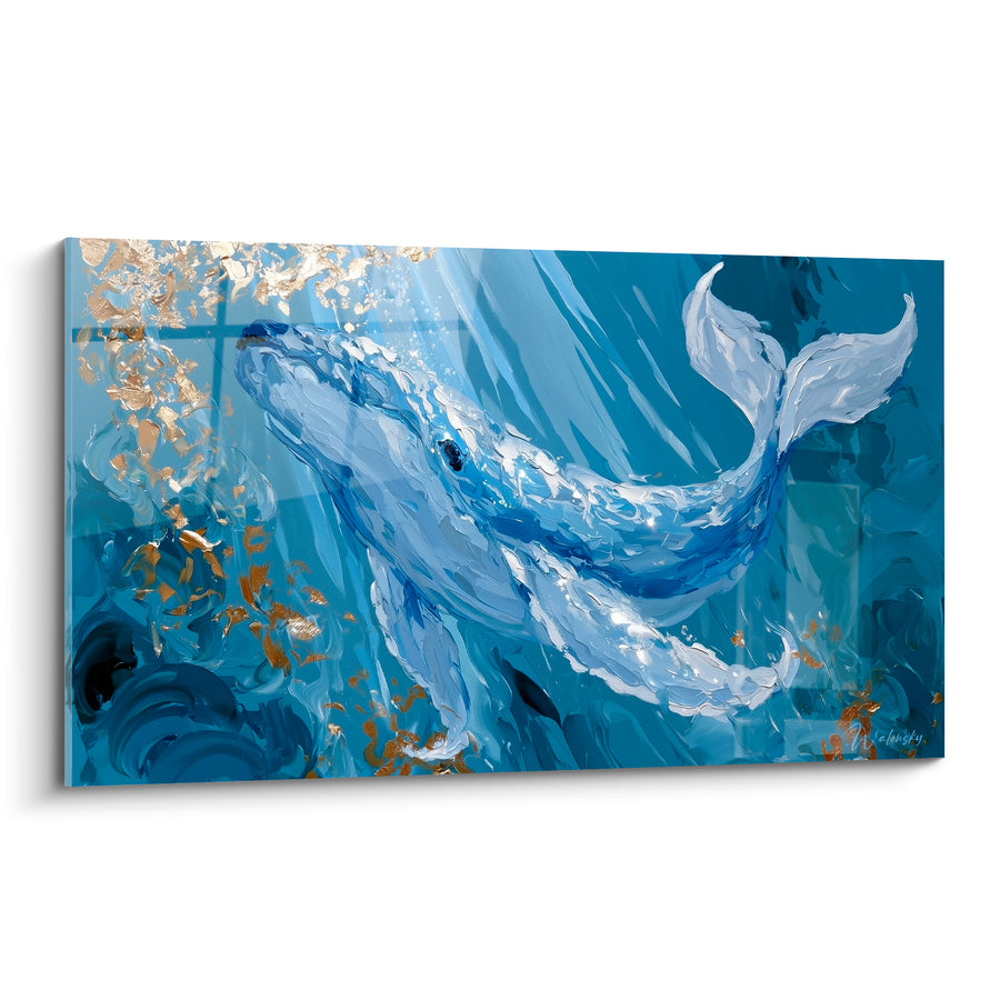 Tableau Baleine bleu azur et doré rayon lumineux vertical - Faisceau de clarté - Edition Baleine
