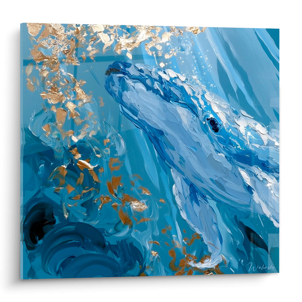 Cuadro Ballena azul marino y dorado ascendiendo hacia la luz - Ascensión oceánica - Edición Ballena
