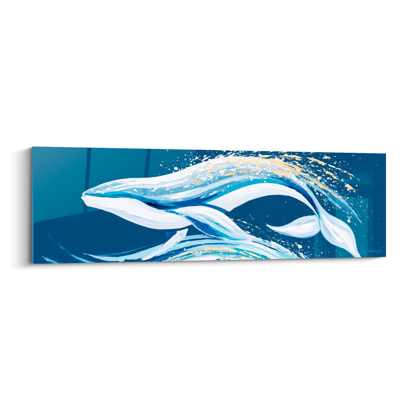 Tableau Baleine bleu marine et blanc gerbe d'éclaboussures dorées - Balade marine - Edition Baleine