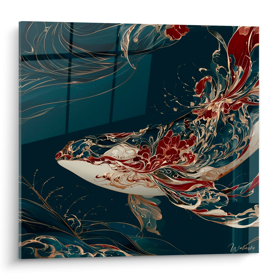 Tableau Baleine bleu marine et rouge fleurs dorées - Légende des abysses - Edition Baleine