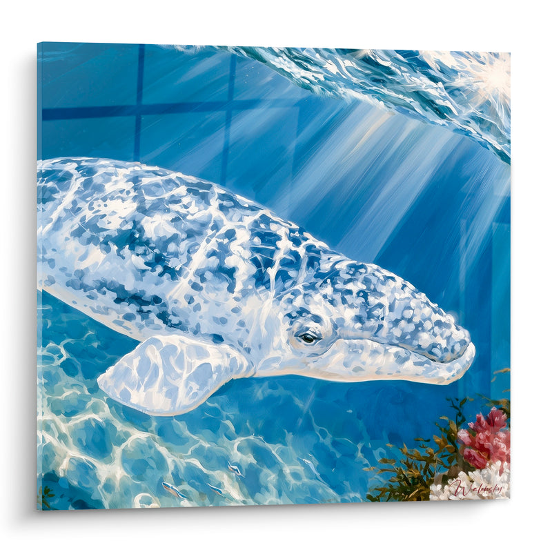 Tableau Baleine bleu marine et blanc corail marin - Traversée silencieuse - Edition Baleine
