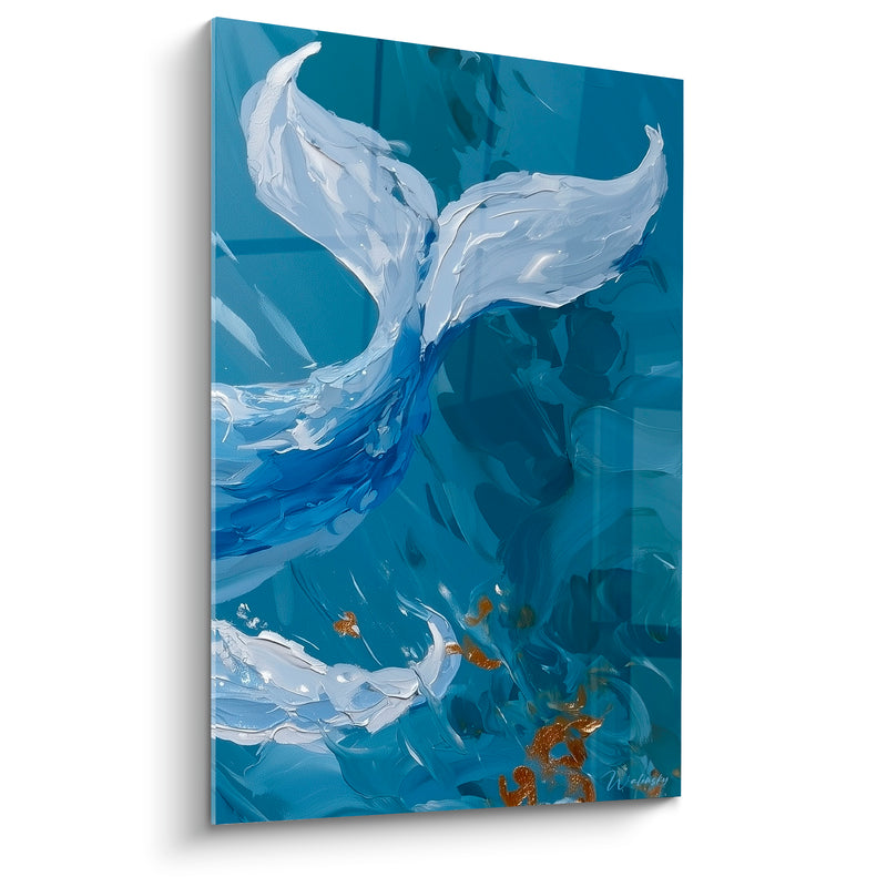 Tableau Baleine bleu profond et blanc nacré traînée de bulles dorées - Nuage de bulles - Edition Baleine