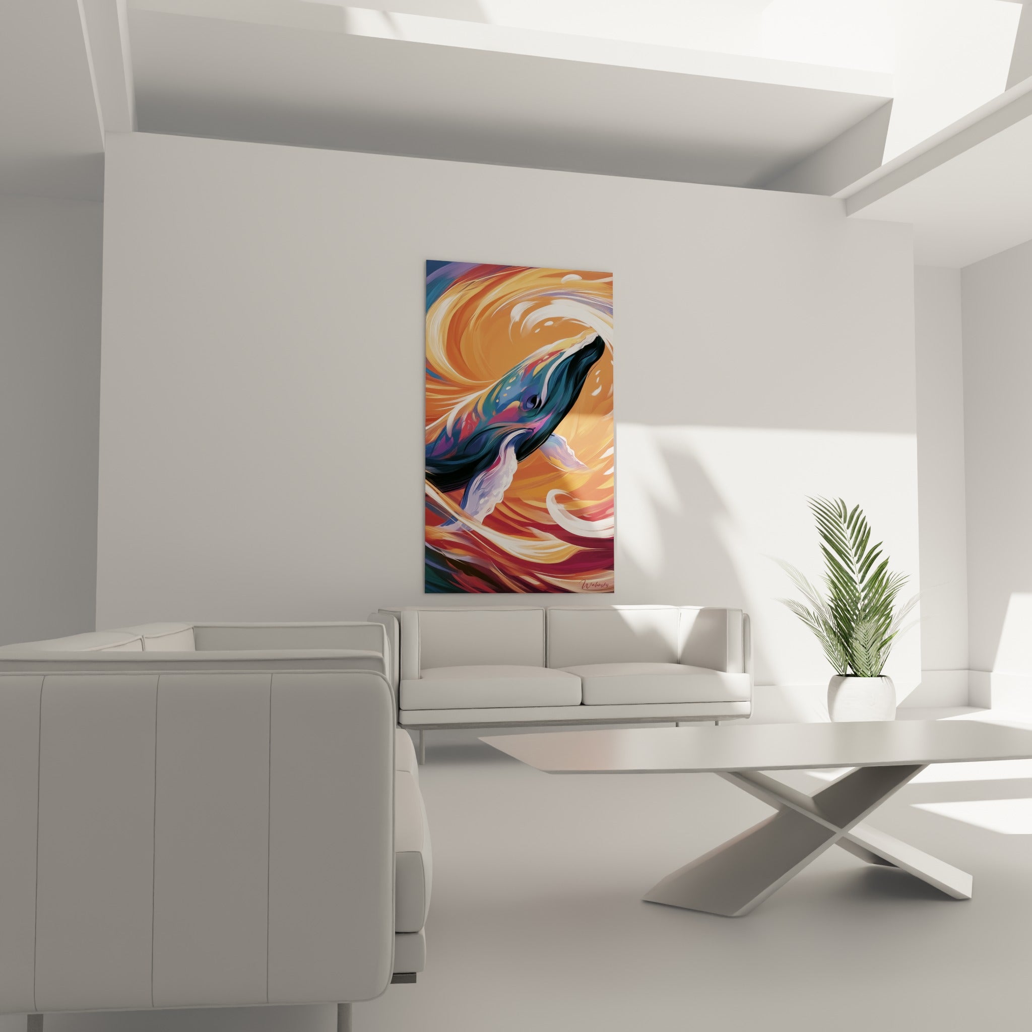 Tête de baleine aux reflets violets et orange corail accrochée au-dessus d'un canapé dans un salon lumineux
