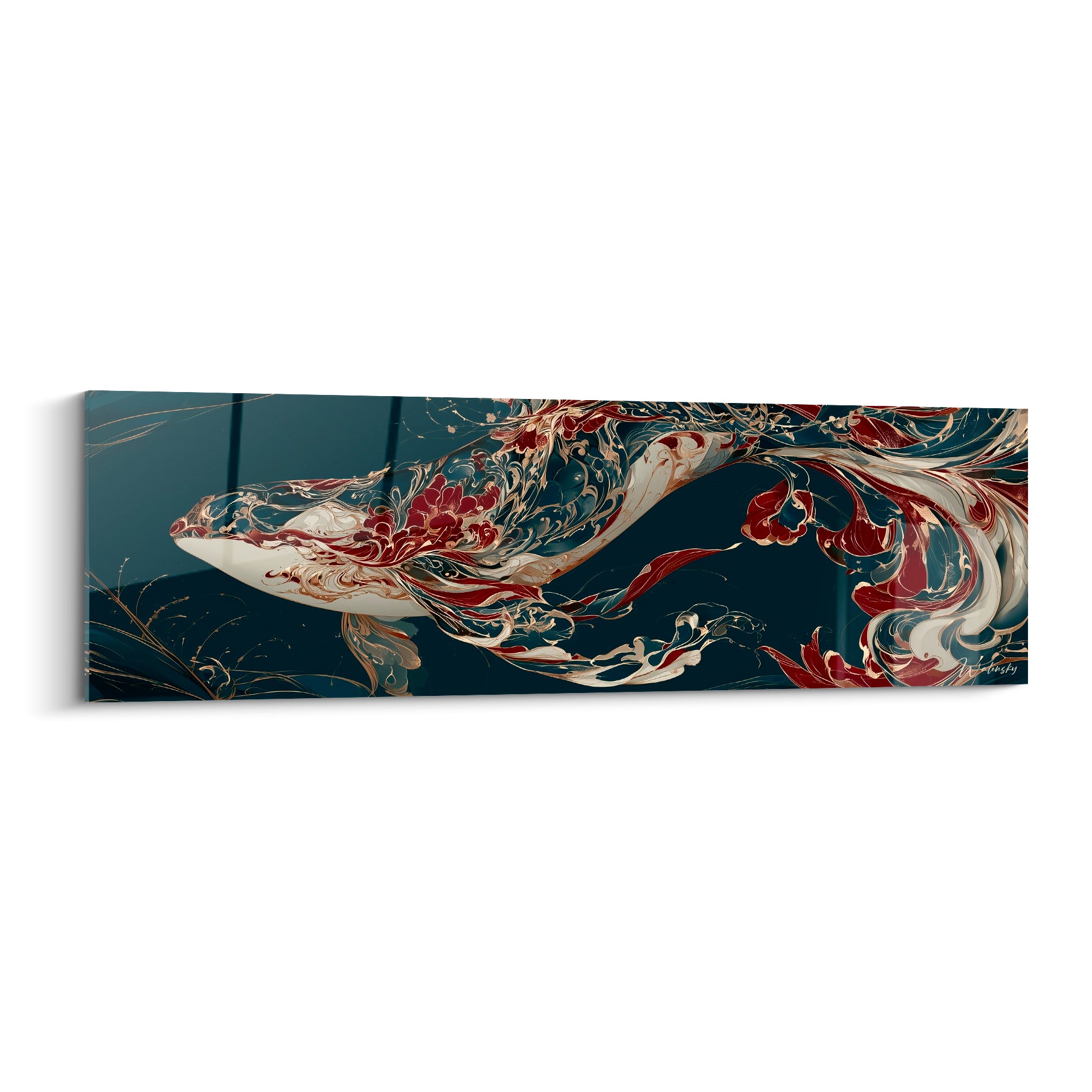 Baleine bleu marine ornée de volutes rouge bordeaux et dorées, corps fluide en pleine nage