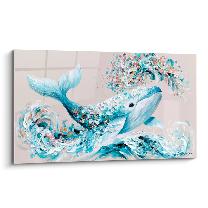 Tableau Baleine bleu pastel jet d'eau confetti - Éclaboussure joyeuse - Edition Baleine