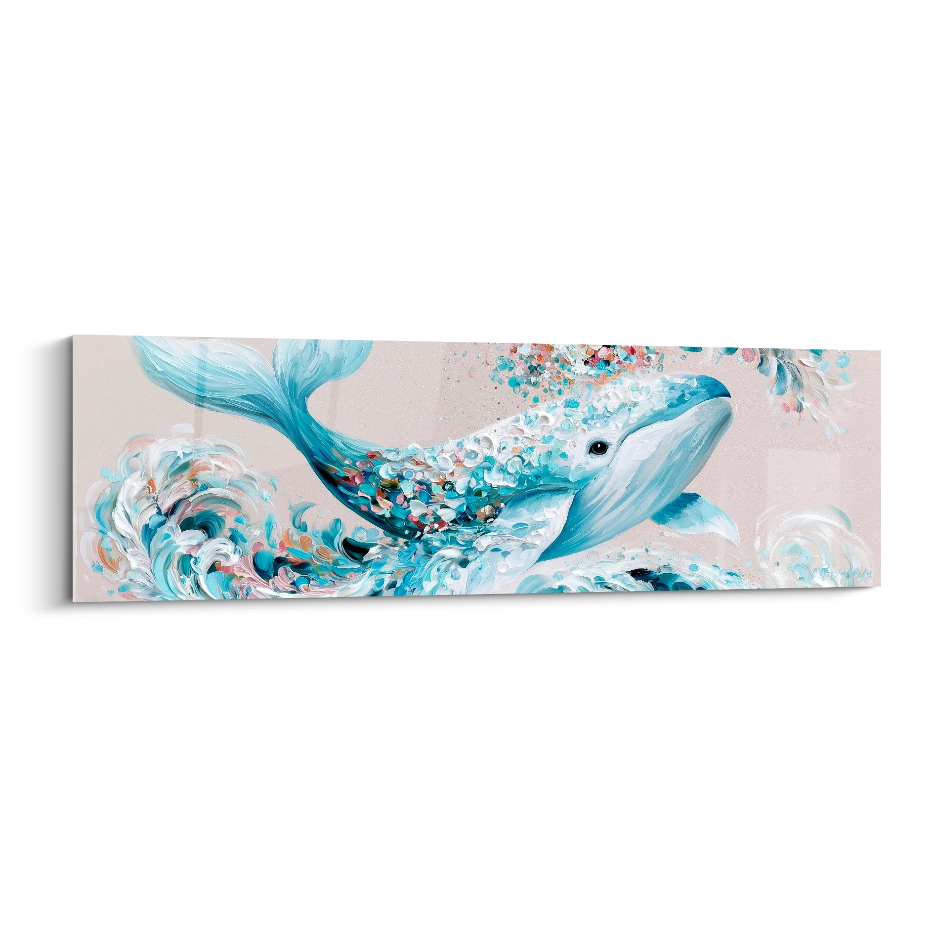 Baleine bleu pastel et blanc émergeant d'une vague écumeuse sur fond beige texturé