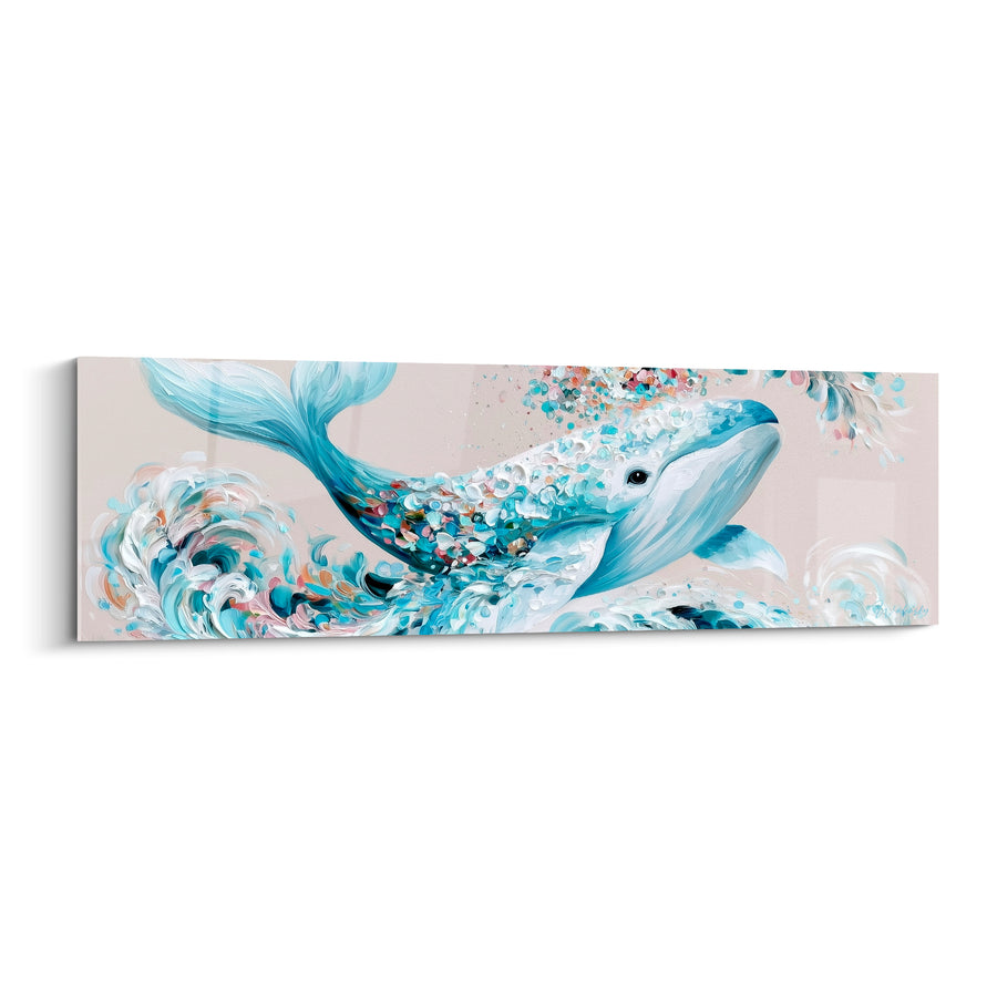 Tableau Baleine bleu pastel et beige aux éclaboussures colorées - Éveil marin - Edition Baleine