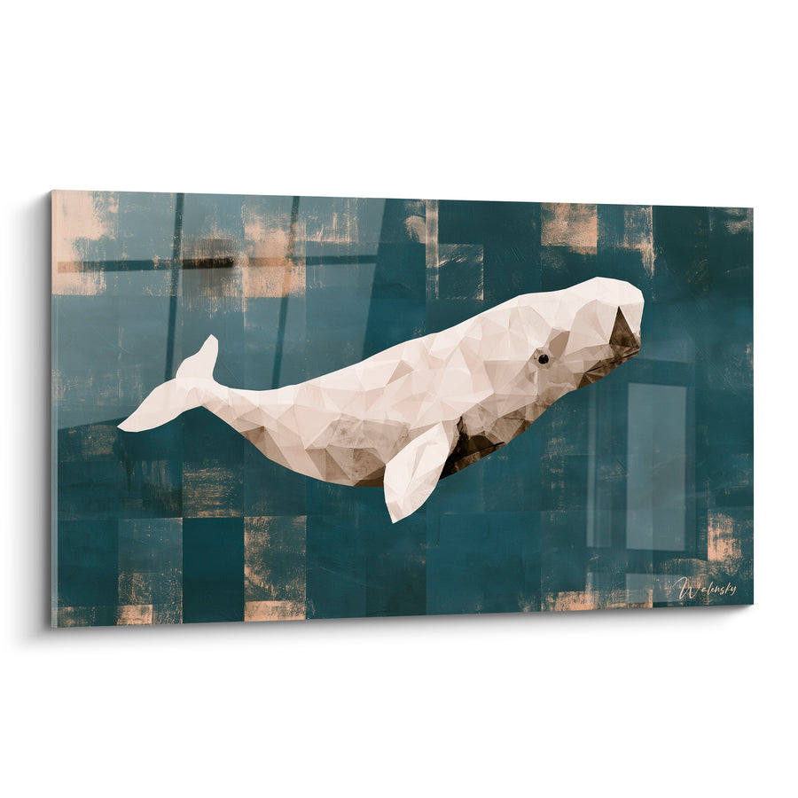 Tableau Baleine bleu pétrole et beige facettée - Dérive océanique - Edition Baleine
