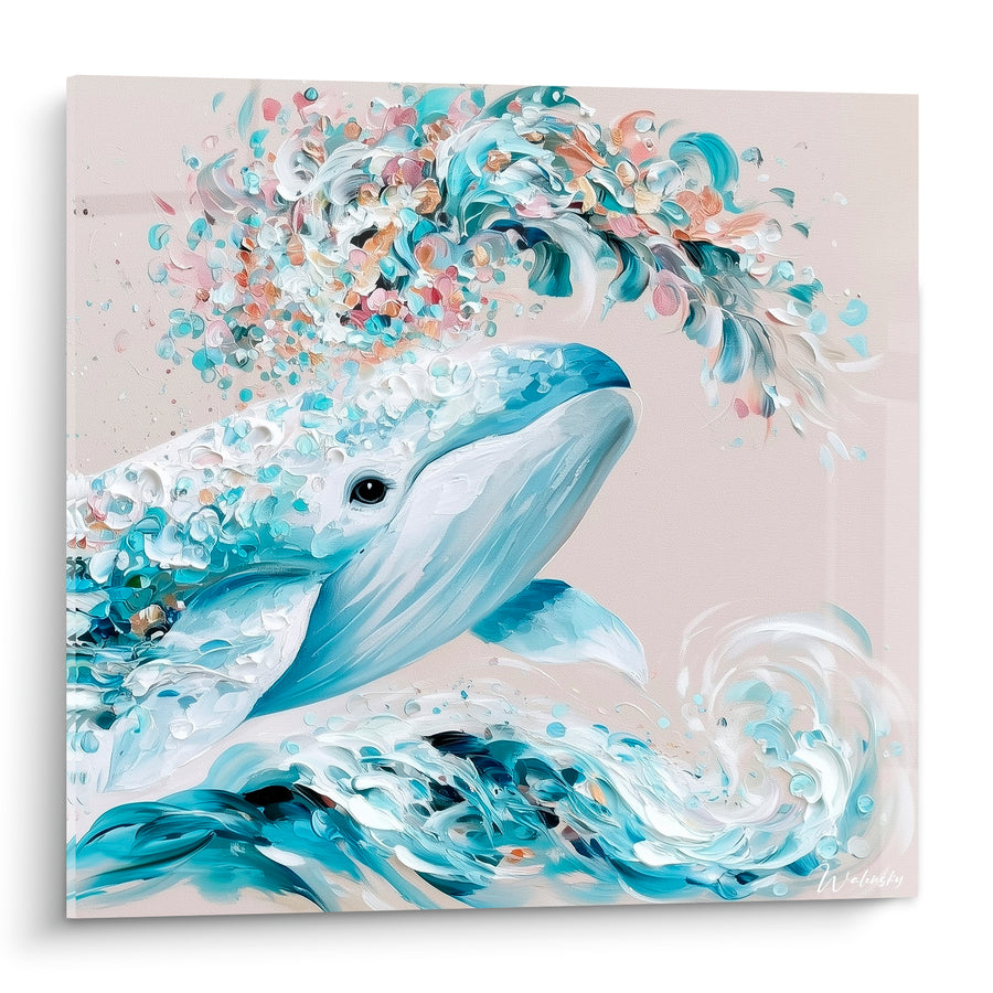Tableau Baleine bleu poudré et rose pastel jaillissante - Éclaboussure céleste - Edition Baleine