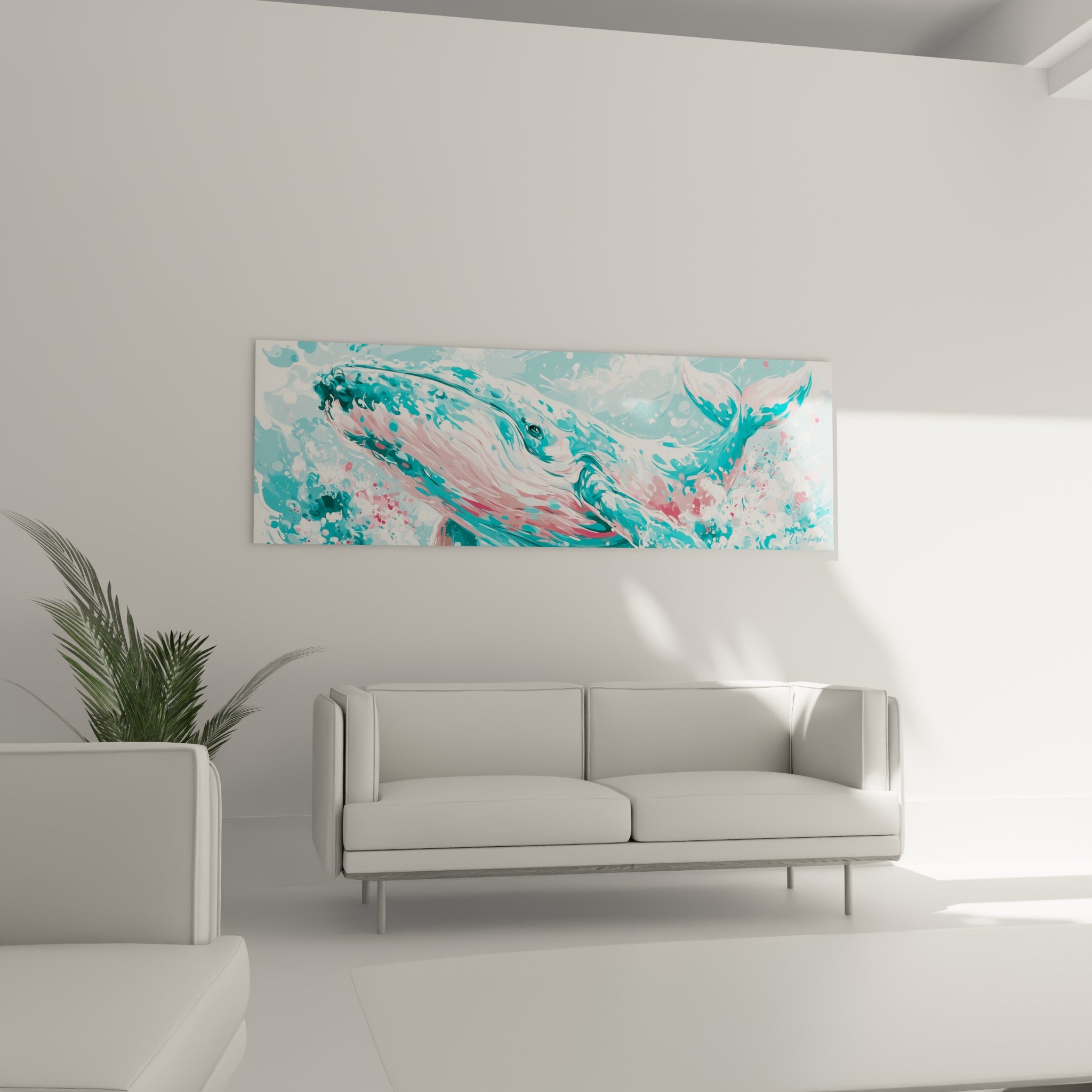 Animal marin turquoise et rose pastel en plein bond, positionné au-dessus d'un canapé dans un salon lumineux