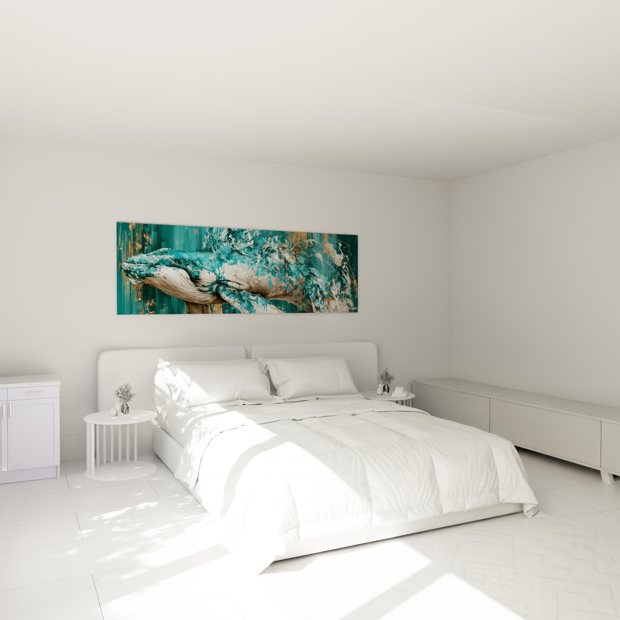 Cétacé aux tons turquoise et gris perle, empâtements épais, au-dessus d'un lit dans une chambre claire