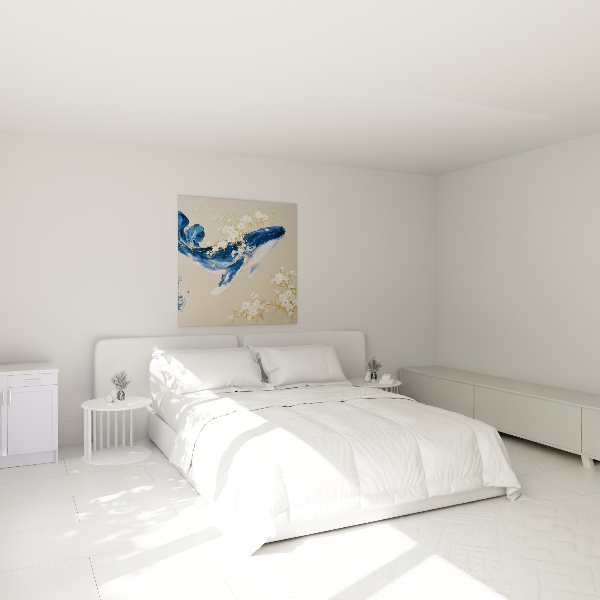 Cétacé bleu marine paré de fleurs blanches dorées, accroché au-dessus d'un lit dans une chambre claire