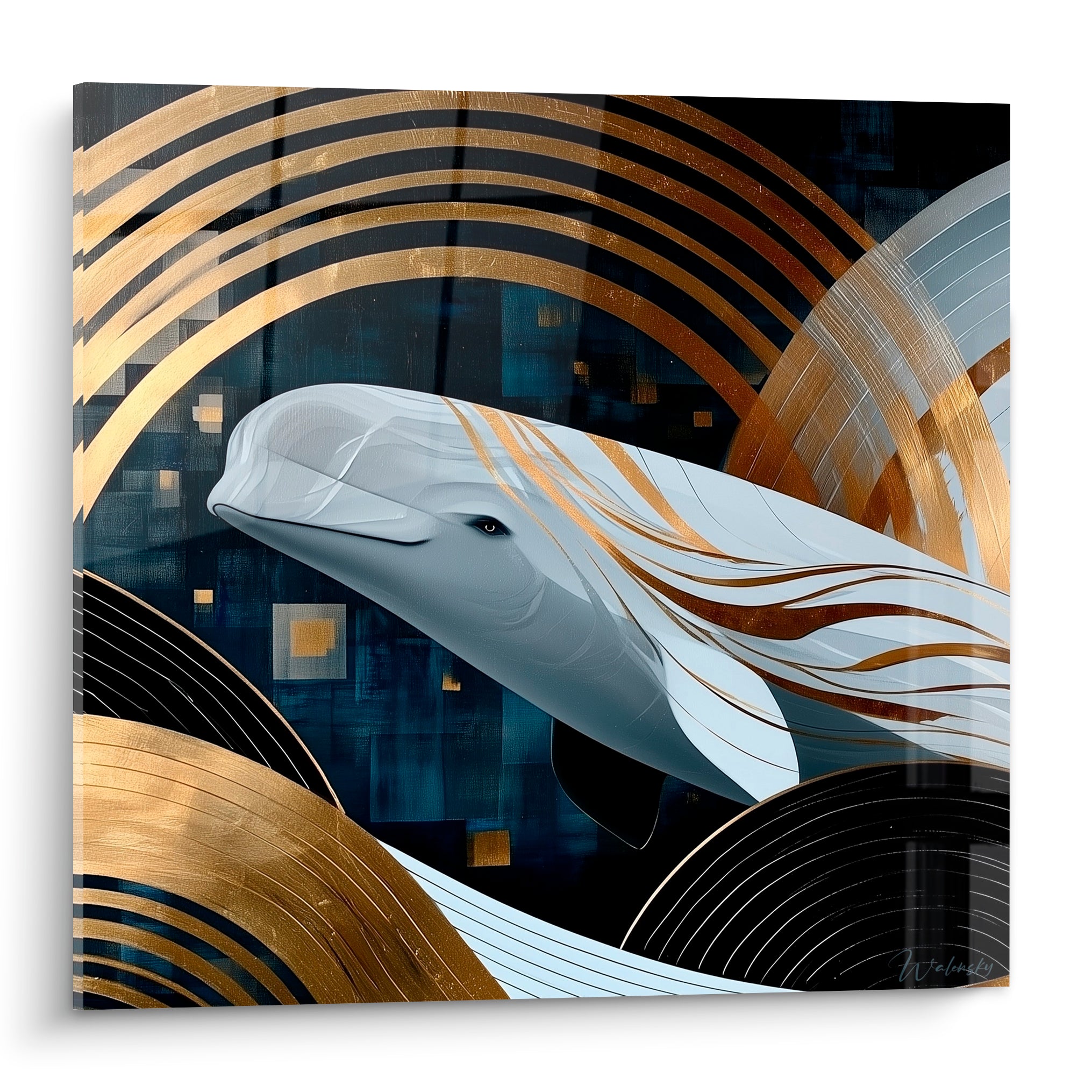 Baleine grise et blanche entourée d'arcs dorés sur fond bleu marine, style graphique contemporain