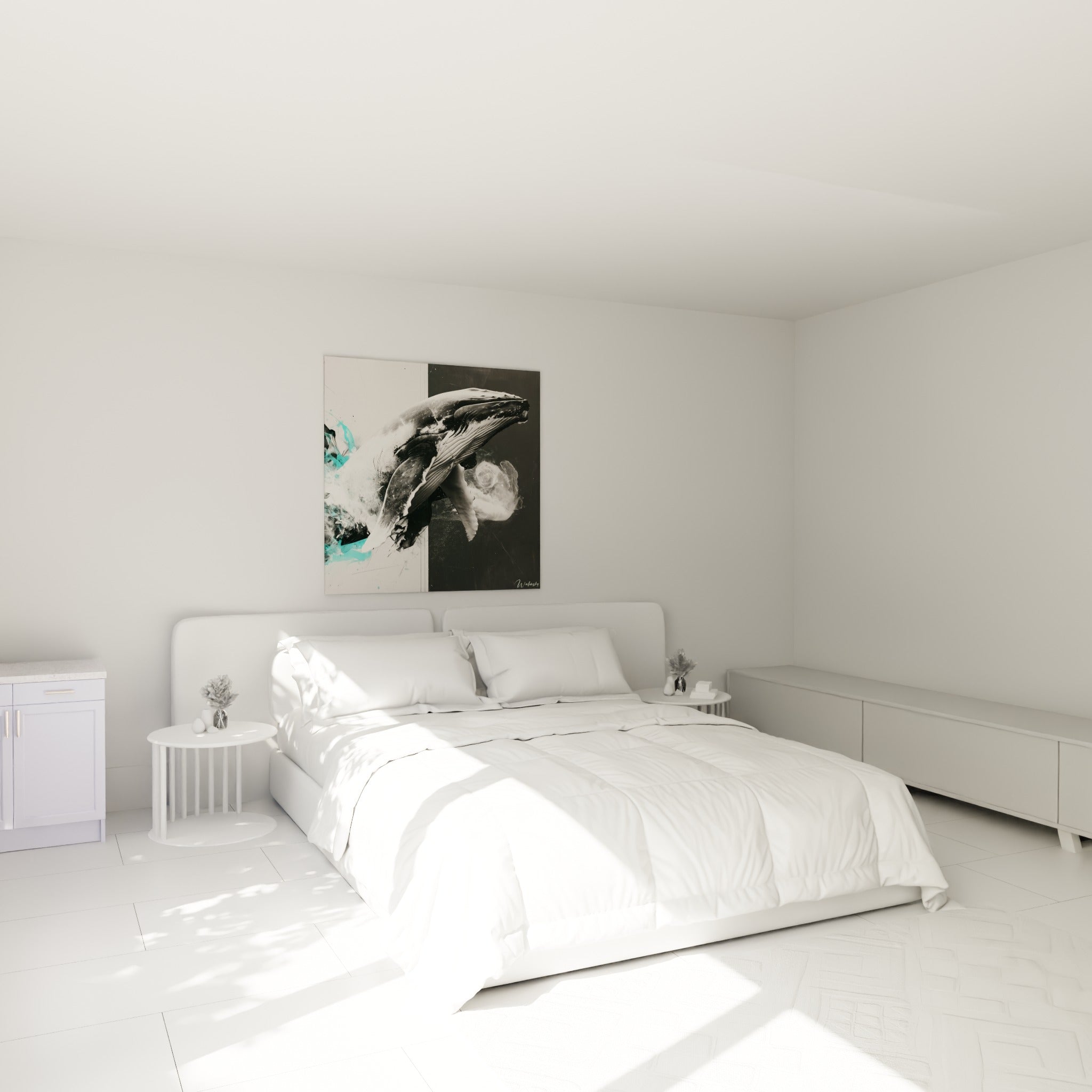 Cétacé bondissant en noir et blanc rehaussé de turquoise, accroché au-dessus d'un lit dans une chambre claire