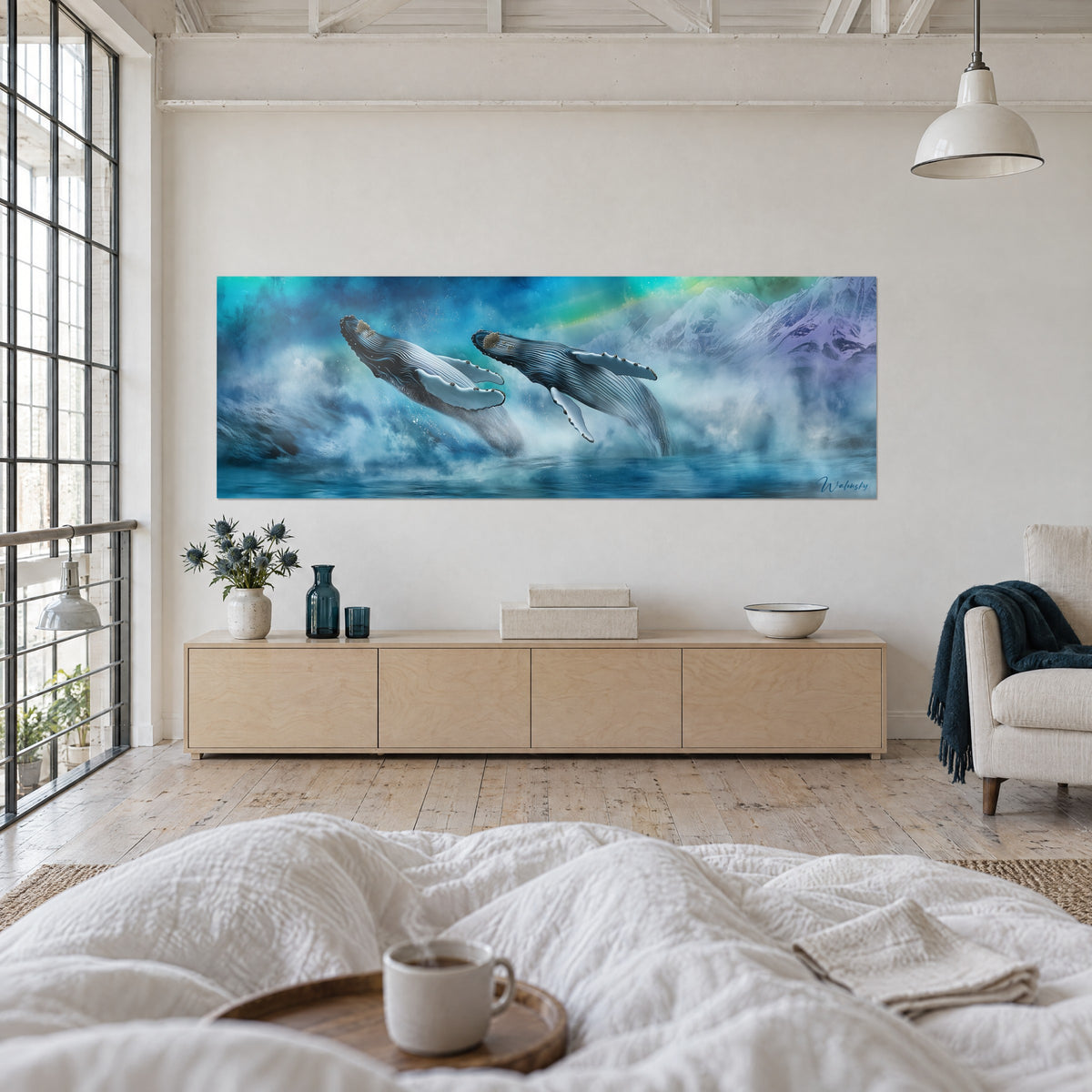 Cuadro de gigantes del mar surcando la bruma azul y turquesa, vientres rayados visibles, sobre una cama en un dormitorio luminoso