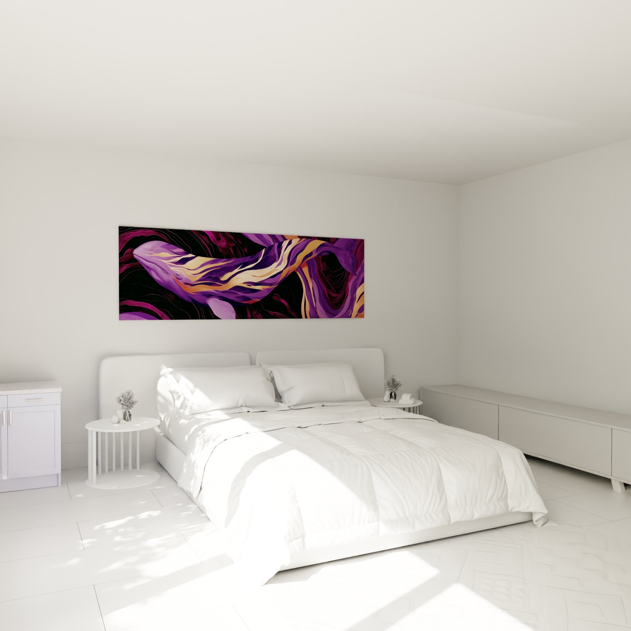 Silhouette de baleine violette et cuivrée au-dessus d'un lit dans une chambre claire